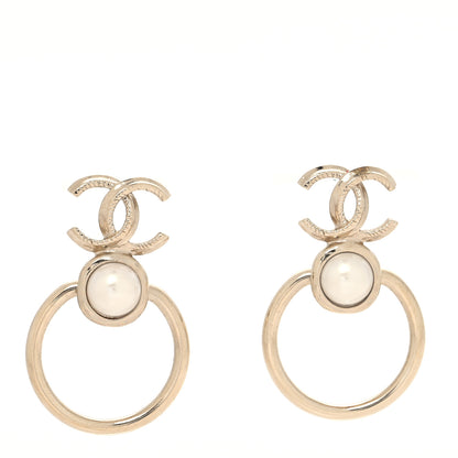 Chanel Metal Pearl CC Hoop Drop Earrings Gold 1 of 4