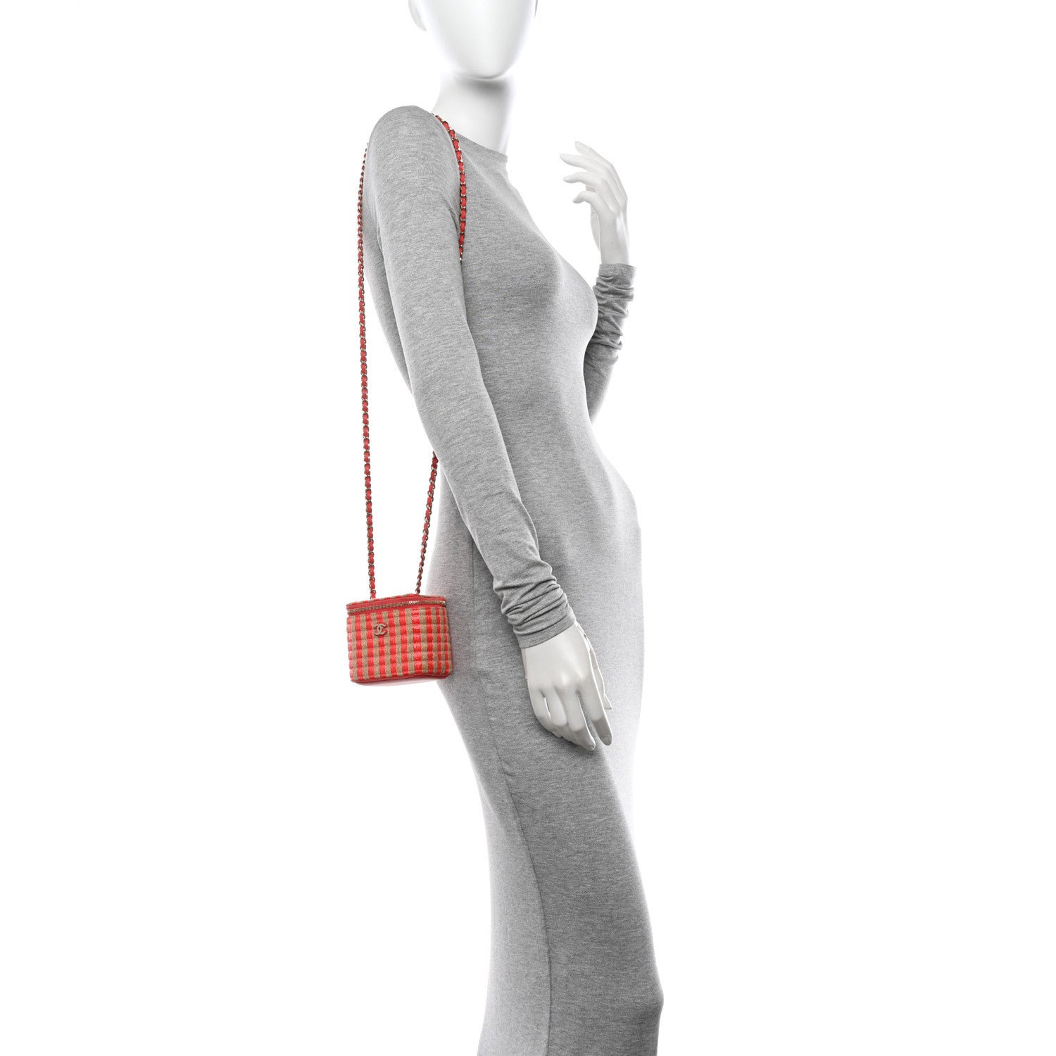 Chanel Raffia Jute Striped Mini Vanity Case With Chain Red Beige 2 of 10