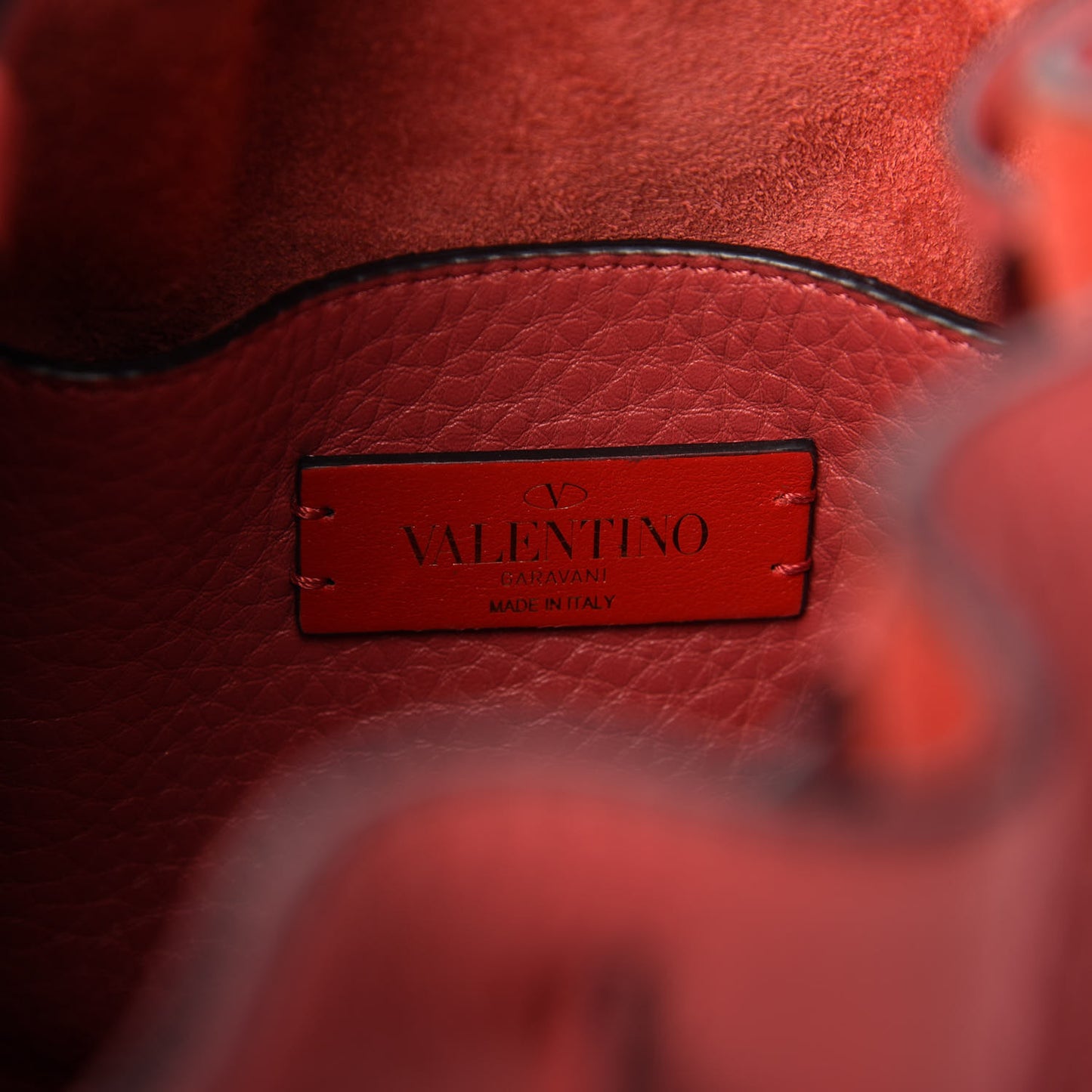 Grained Calfskin Rockstud Bucket Bag Red