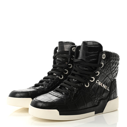 Chanel Calfskin Crocodile Embossed Cocodile High Top Sneakers 36.5 Black 3 of 8