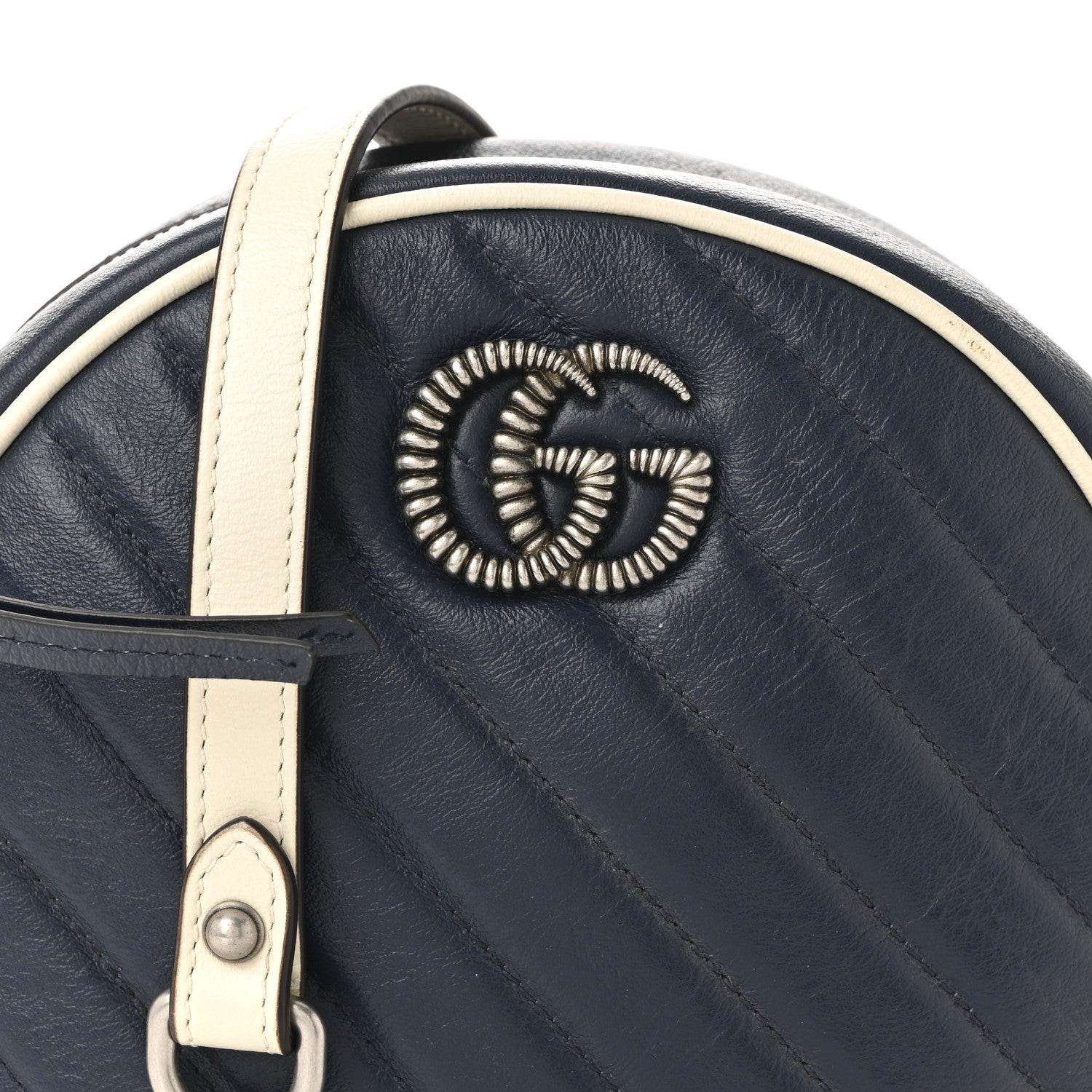 Gucci Azalea Calfskin Matelasse Diagonal Mini Torchon GG Marmont Round Shoulder Bag Blue Agata Mystic White 8 of 11