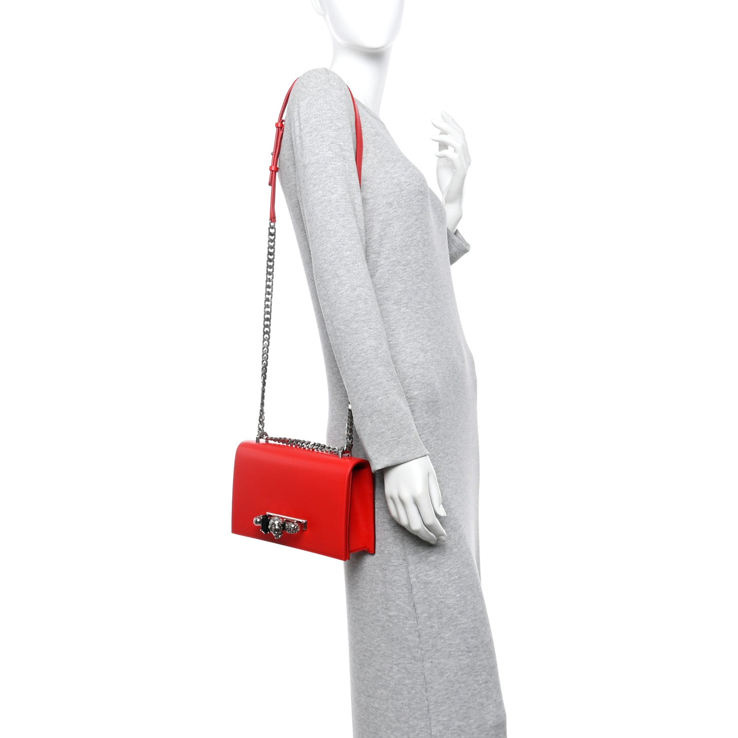 Alexander McQueen Calfskin Jeweled Knuckle Satchel Love Red 2 of 10
