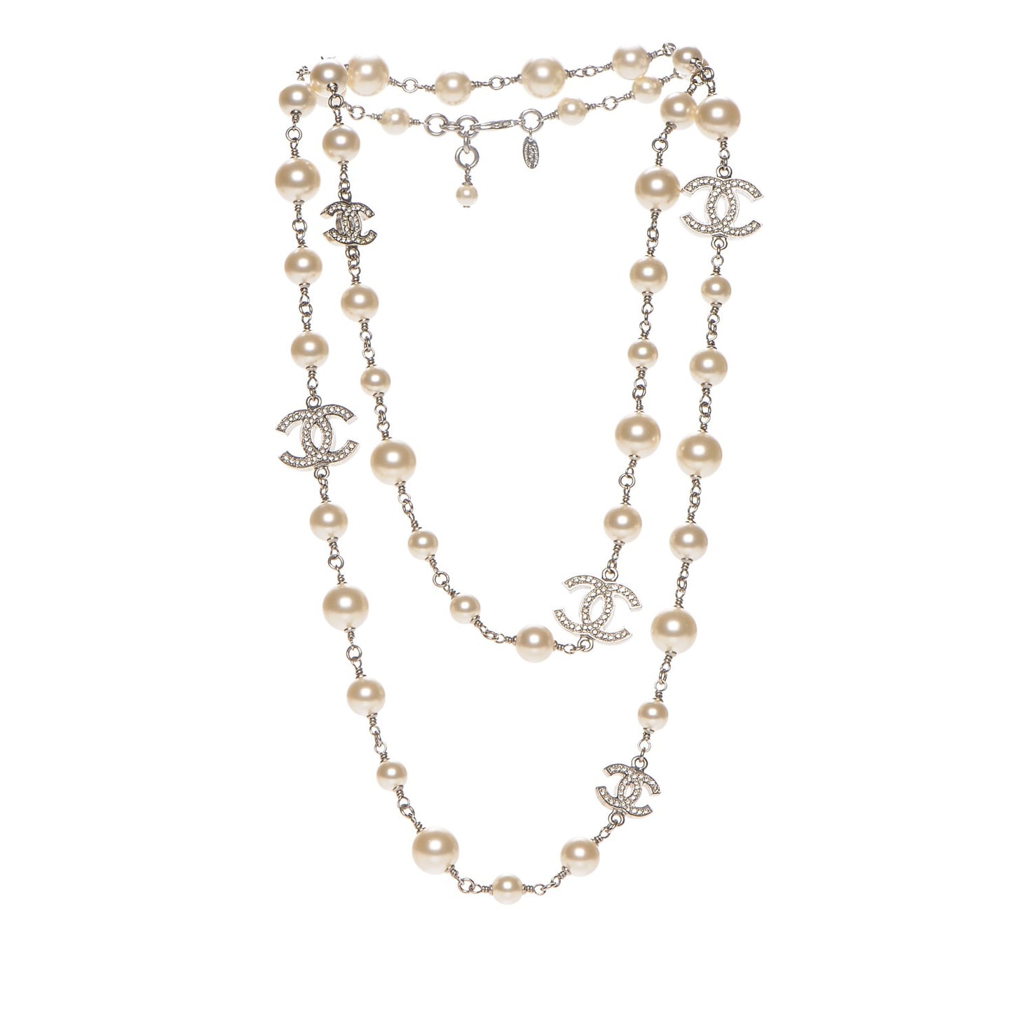 Crystal Pearl CC Long Necklace Silver