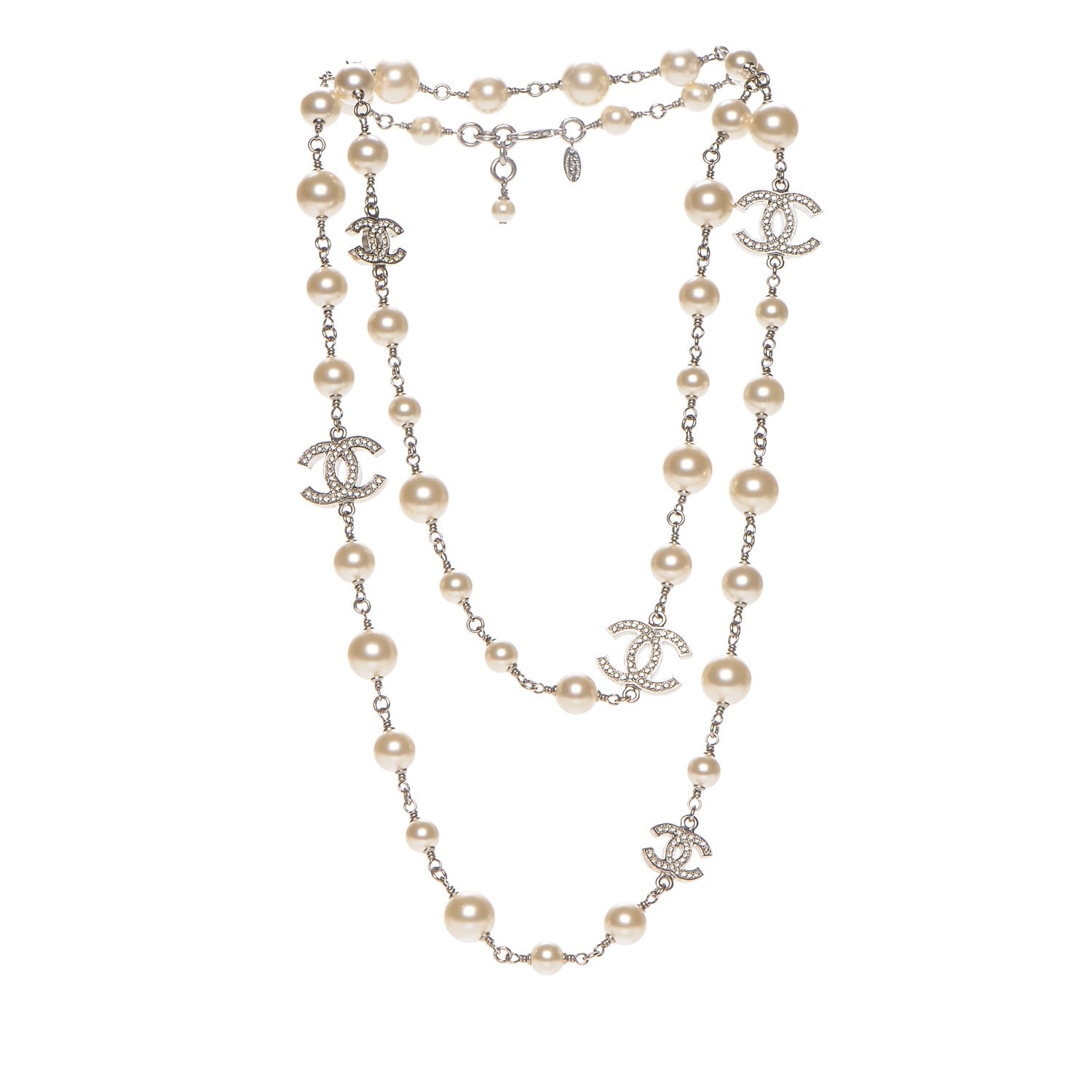 Chanel Crystal Pearl CC Long Necklace Silver 3 of 6