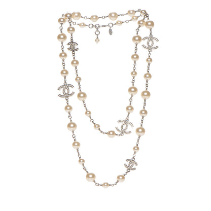 Chanel Crystal Pearl CC Long Necklace Silver 3 of 6