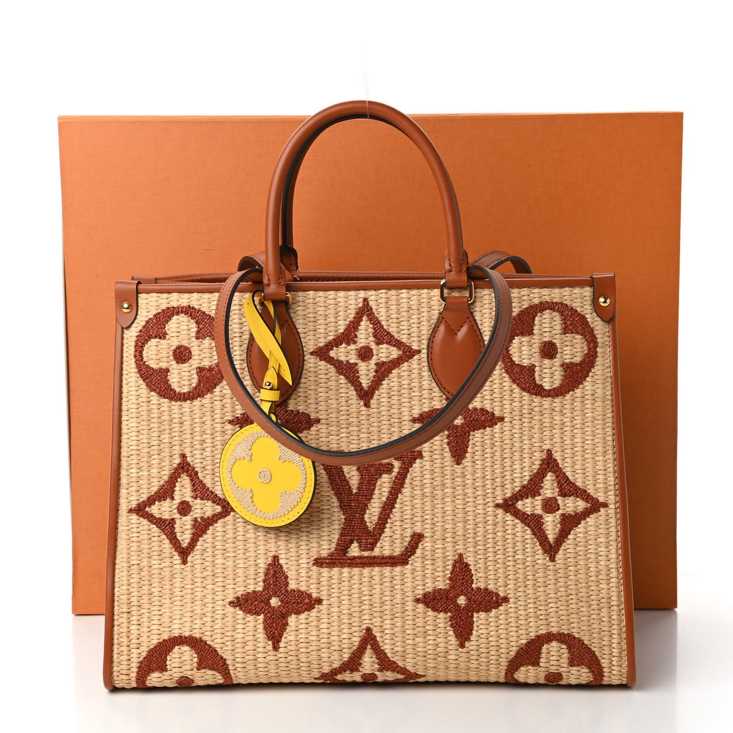 Raffia Calfskin Monogram Giant Onthego MM Tan