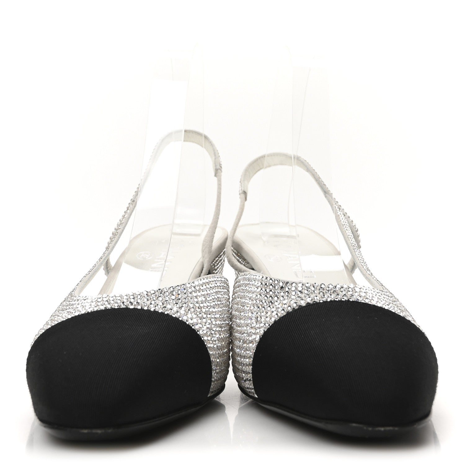 Chanel Strass Grosgrain Cap Toe CC Slingback Pumps 39 Silver Black