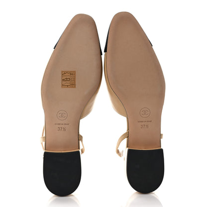 Chanel Goatskin Grosgrain Cap Toe CC Slingback Pumps 37.5 Beige Black 5 of 8