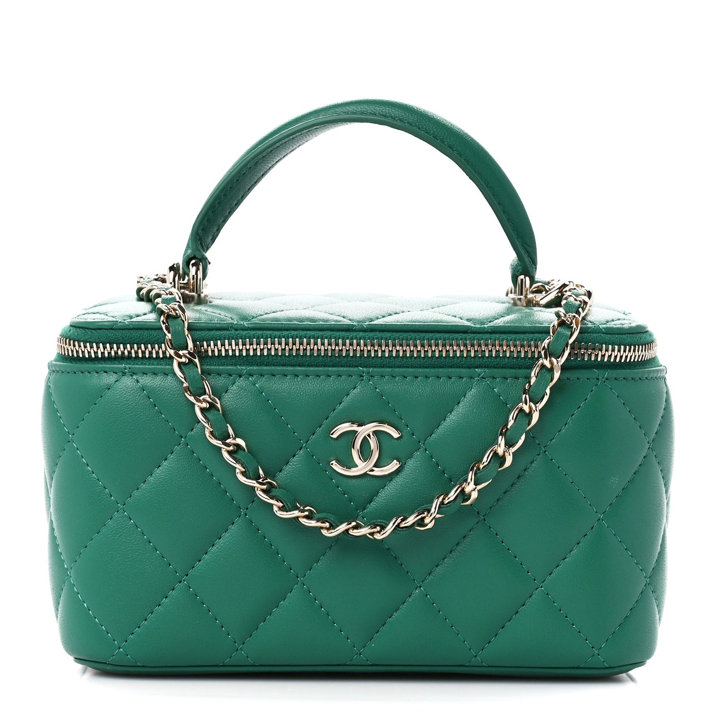 Lambskin Quilted Small Top Handle Vanity Case With Chain Green