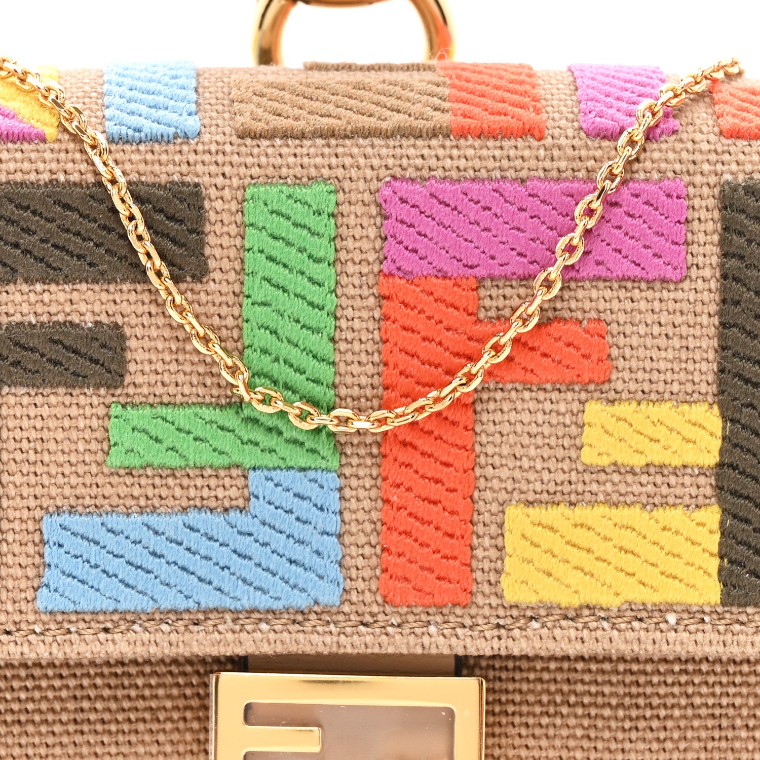 Fendi Canvas Vitello King FF Multicolor Embroidered Nano Baguette Charm Multicolor Cuoio 8 of 10