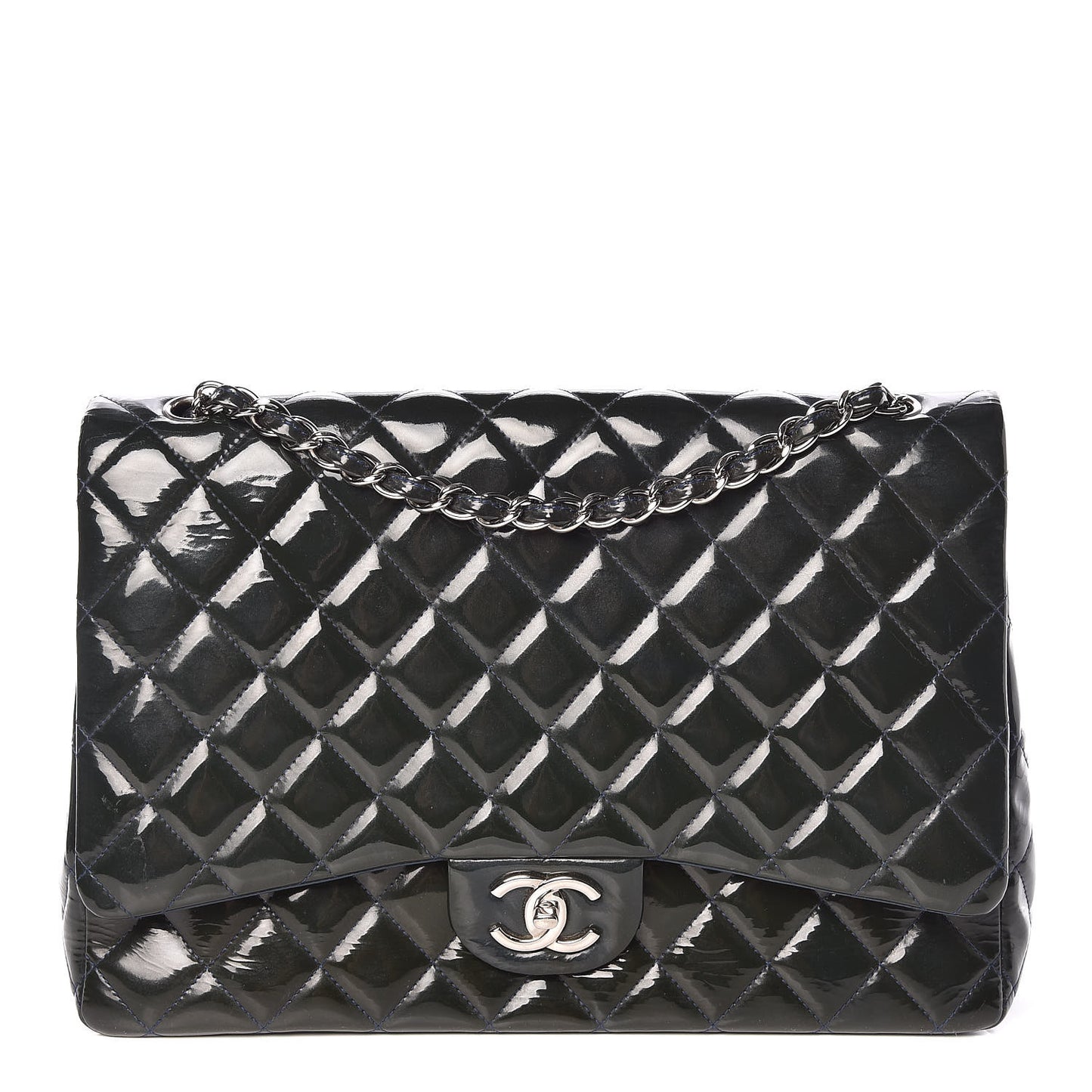 Patent Quilted Maxi Double Flap Navy Blue