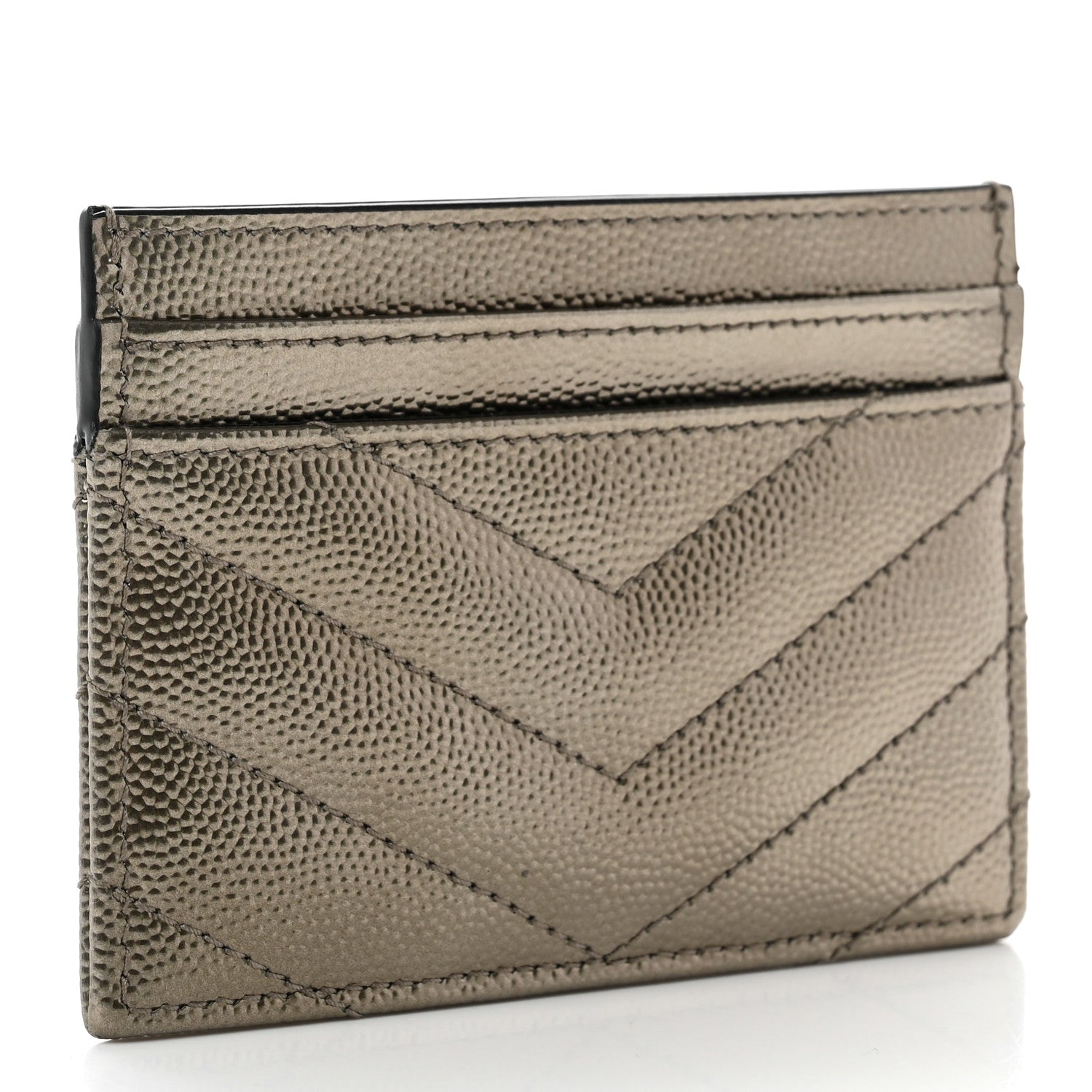 Saint Laurent Metallic Grain De Poudre Matelasse Chevron Monogram Credit Card Case Pewter 3 of 7