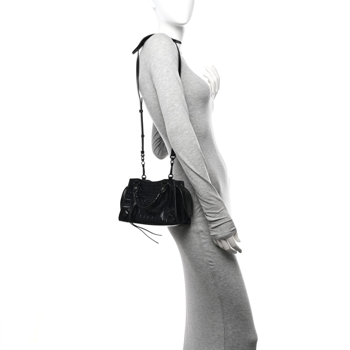 Semi Shiny Calfskin Crocodile Embossed Neo Classic Black Hardware Mini City Black