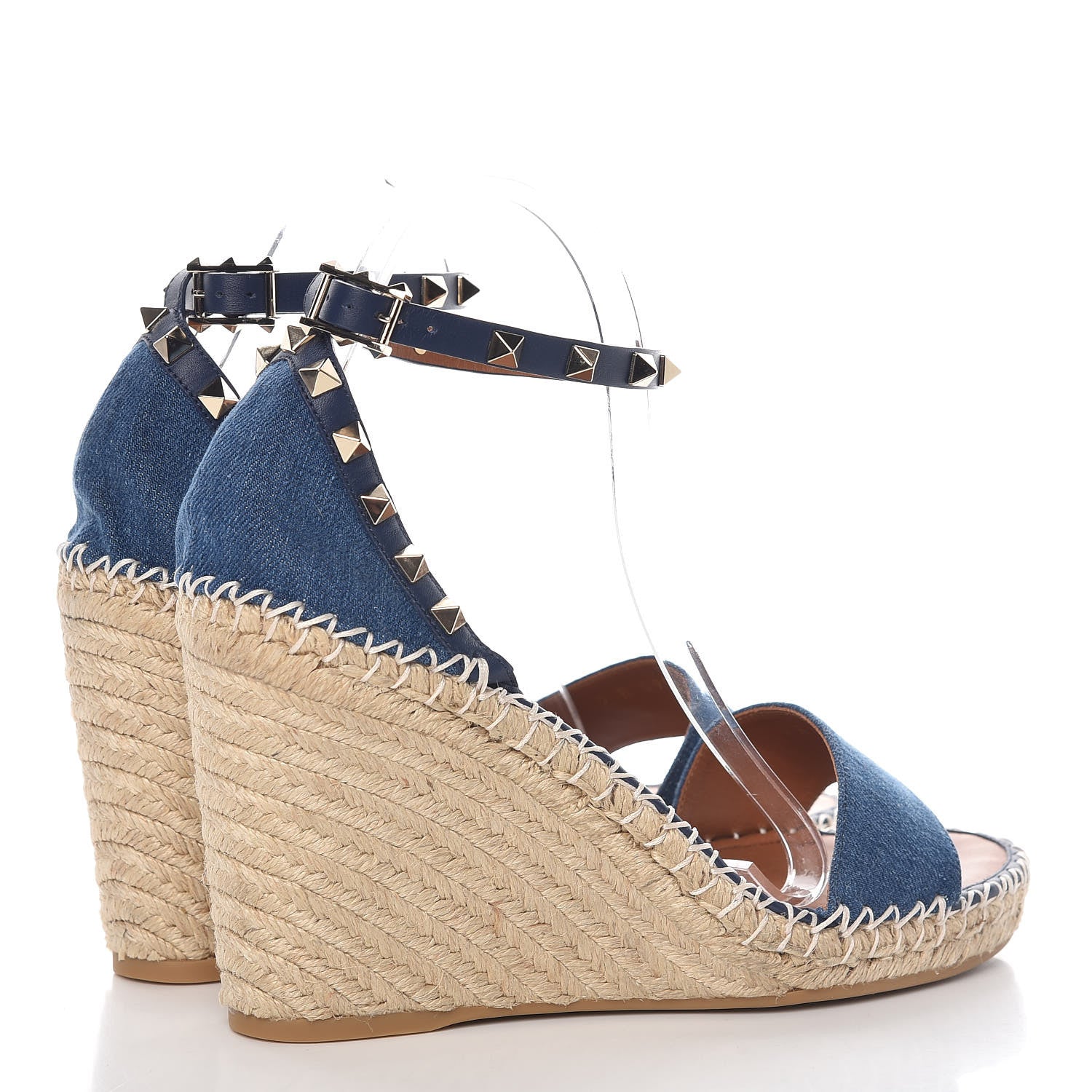 Valentino Garavani Denim Rockstud Ankle Strap Espadrille 15/105mm Wedge Sandals 40 Light Denim 4 of 8