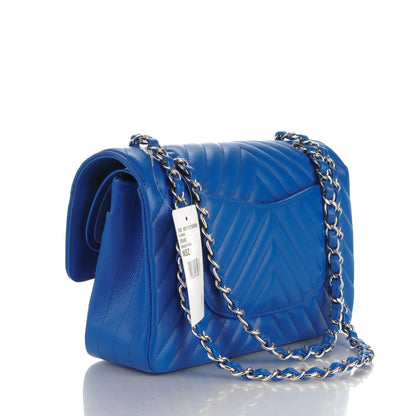 Chanel Caviar Chevron Quilted Medium Double Flap Bright Blue 3 of 8
