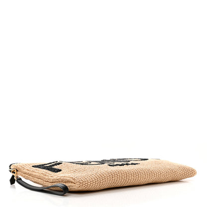 Fendi Straw Vitello King Logo Woven Large Flat Pouch Paglia Black 4 of 6