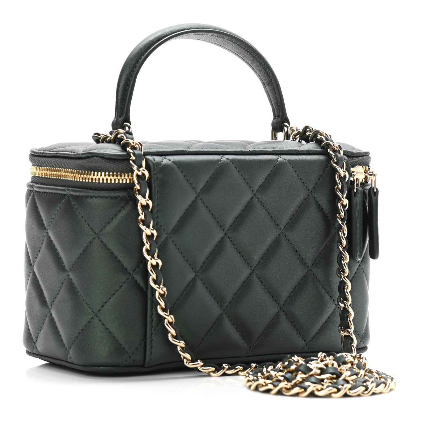 Iridescent Lambskin Quilted Small Top Handle Vanity Case With Chain Green