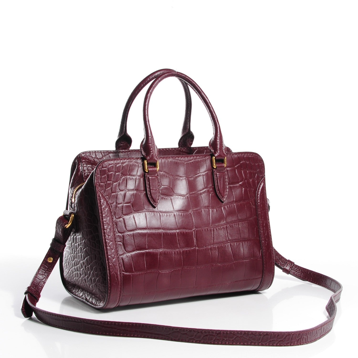 Alexander McQueen Calfskin Crocodile Embossed Small Skull Padlock Zip Around Tote Bordeaux 3 of 9
