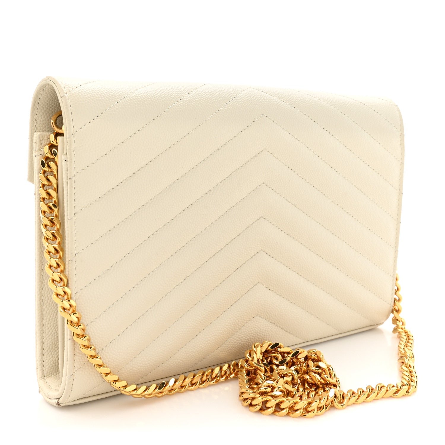 Saint Laurent Grain De Poudre Matelasse Chevron Monogram Chain Wallet Crema Soft 2 of 18