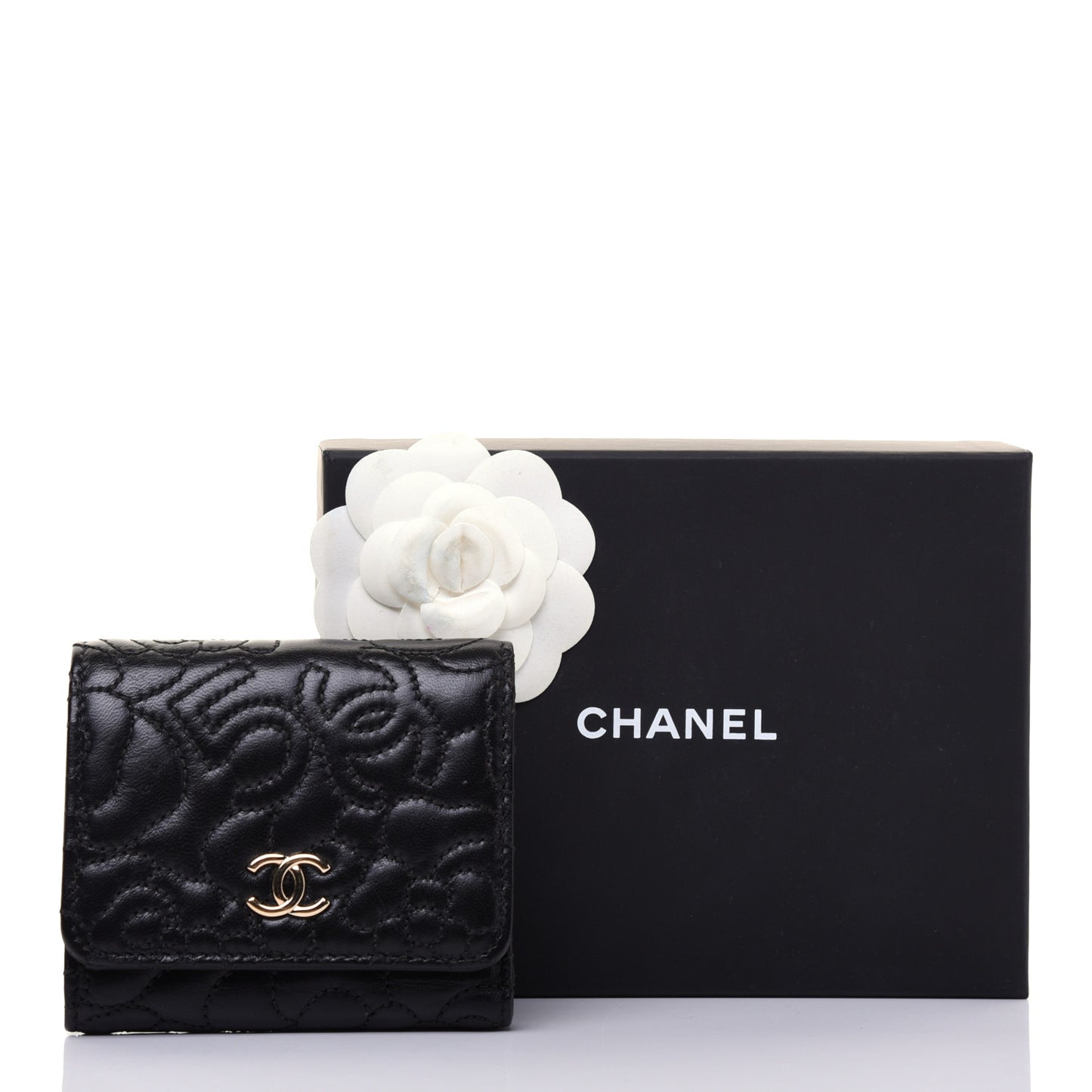 Lambskin Camellia Embossed Small Wallet Black