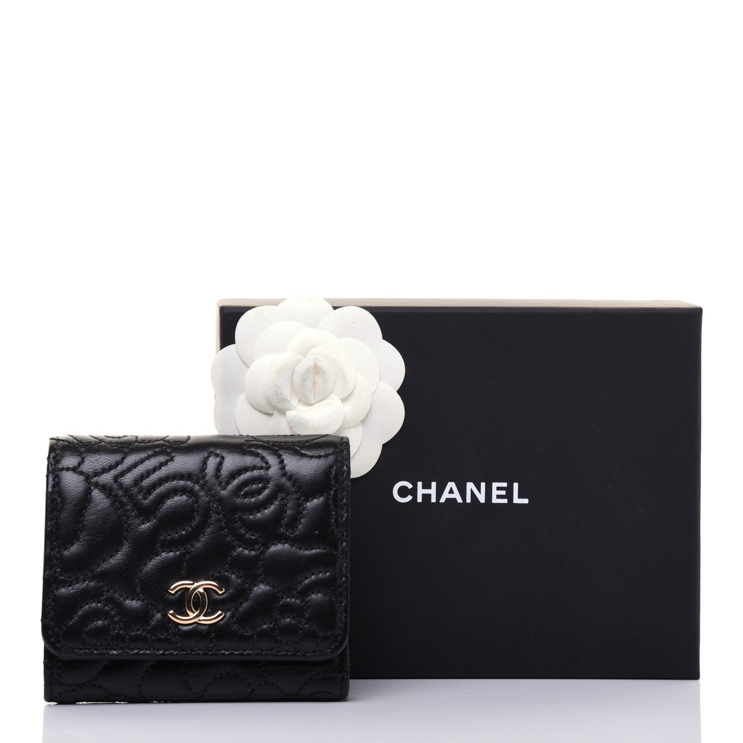 Chanel Lambskin Camellia Embossed Small Wallet Black 9 of 9