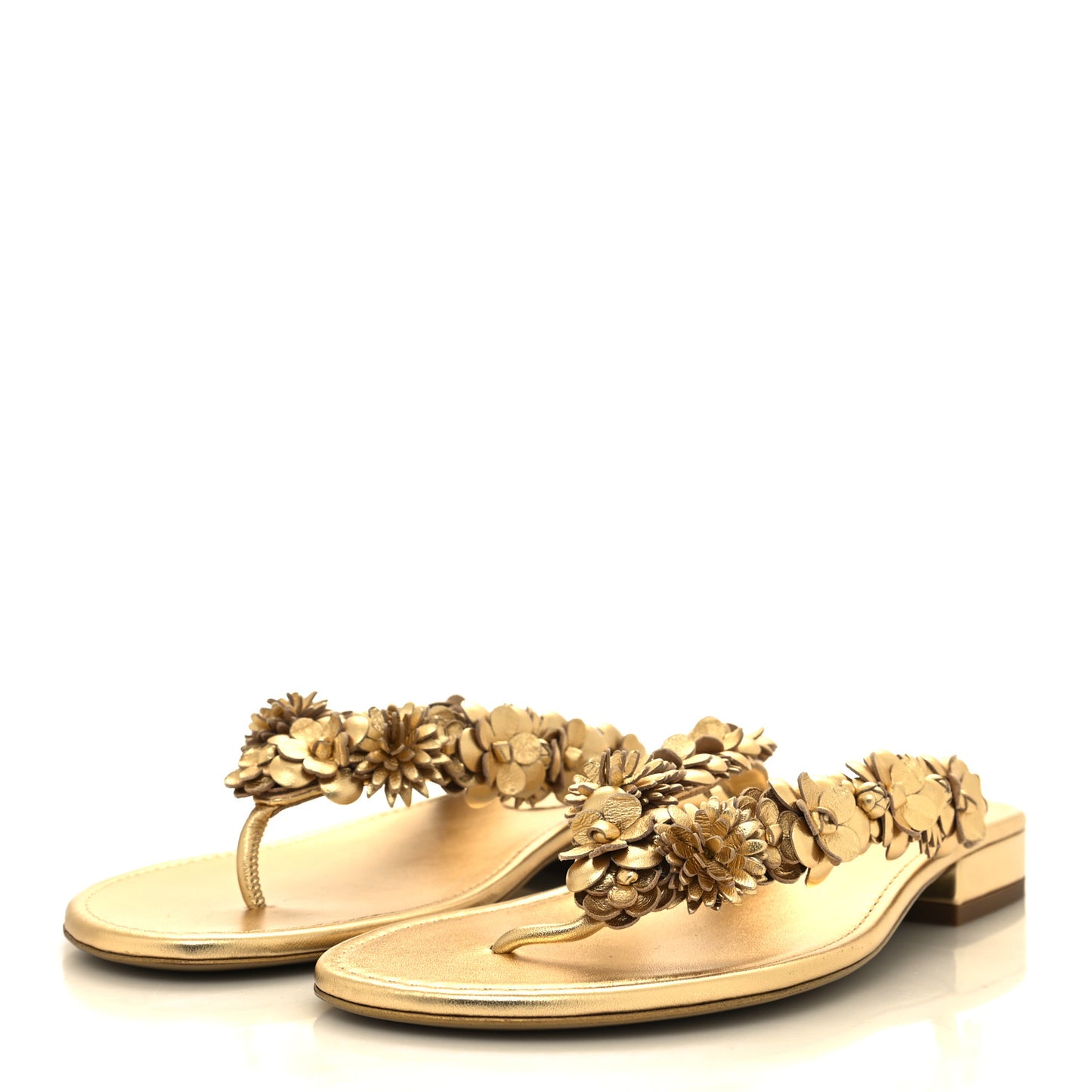 Laminated Lambskin Camellia Thong Sandals 38 Gold
