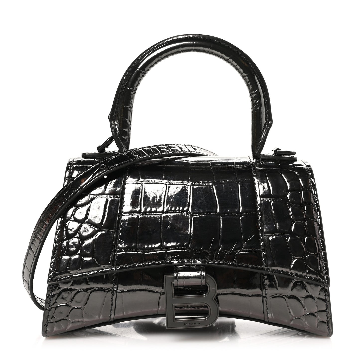 Metallic Shiny Calfskin Crocodile Embossed Hourglass Top Handle Bag XS Gunmetal
