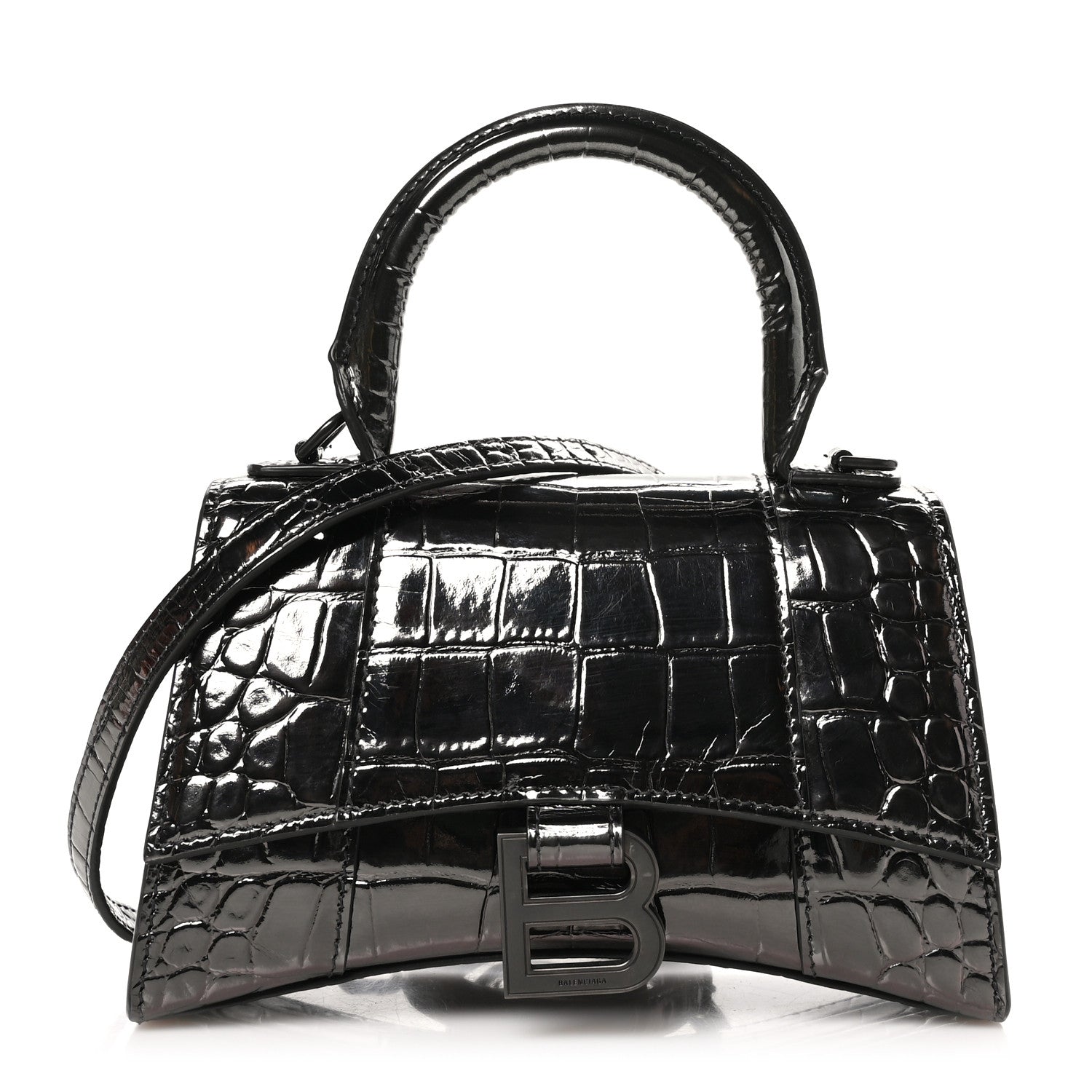 Balenciaga Metallic Shiny Calfskin Crocodile Embossed Hourglass Top Handle Bag XS Gunmetal 1 of 10