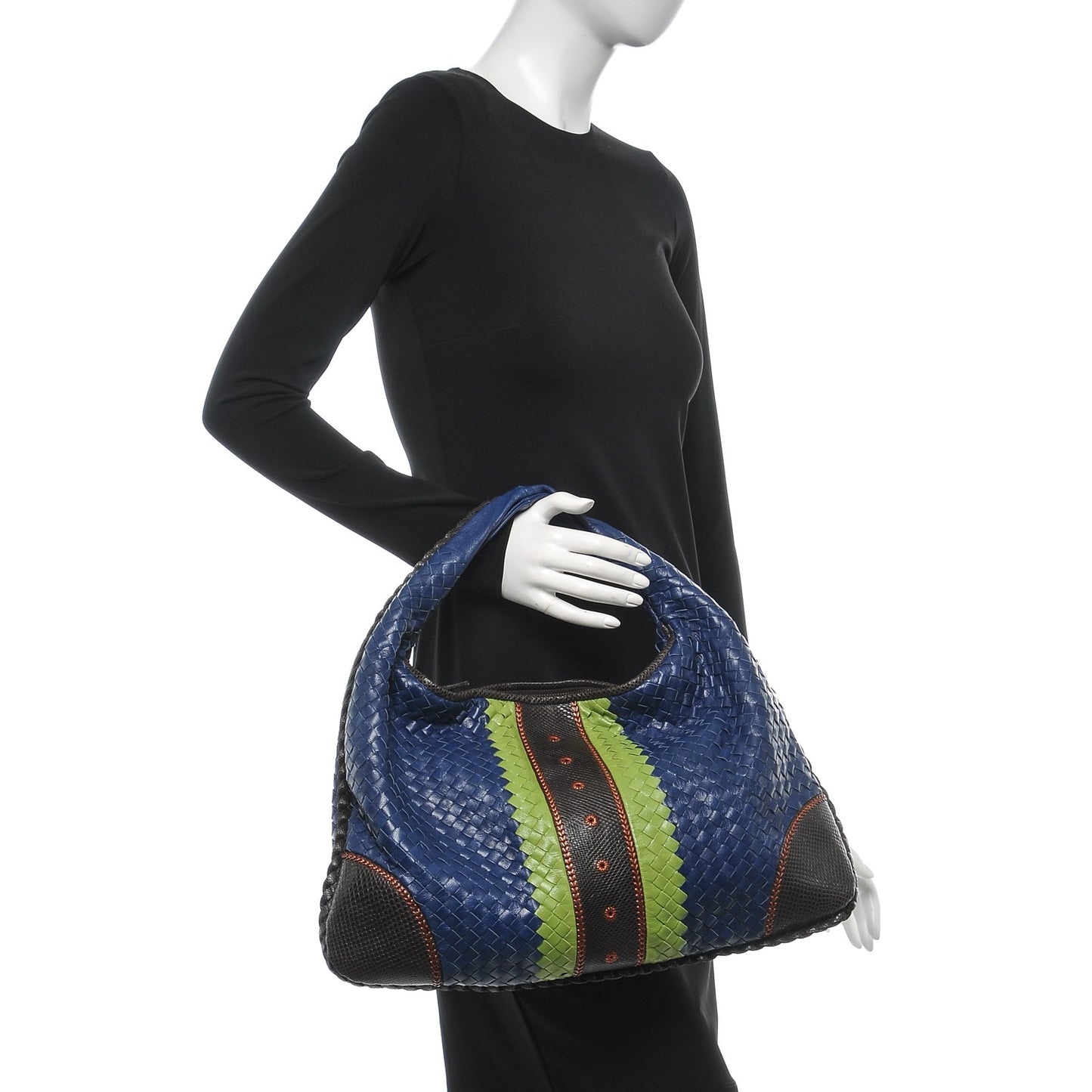 Shiny Goatskin Intrecciato Karung Large Veneta Hobo Cobalt