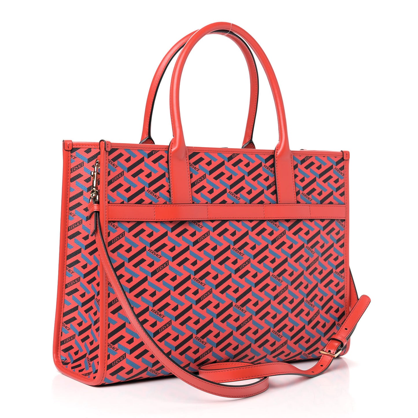 Coated Canvas Calfskin La Greca Signature Tote Bag Blue Red