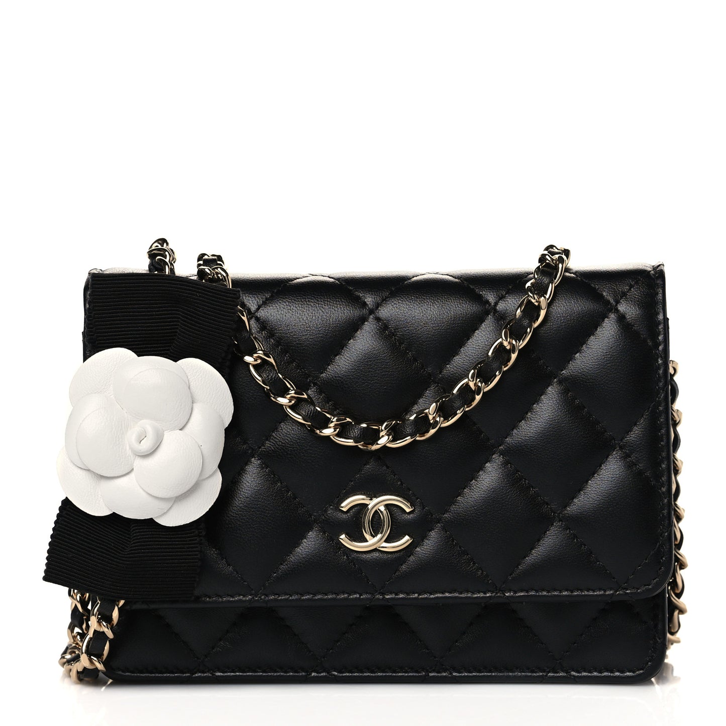 Lambskin Quilted Mini Camellia Bow Wallet On Chain WOC Black