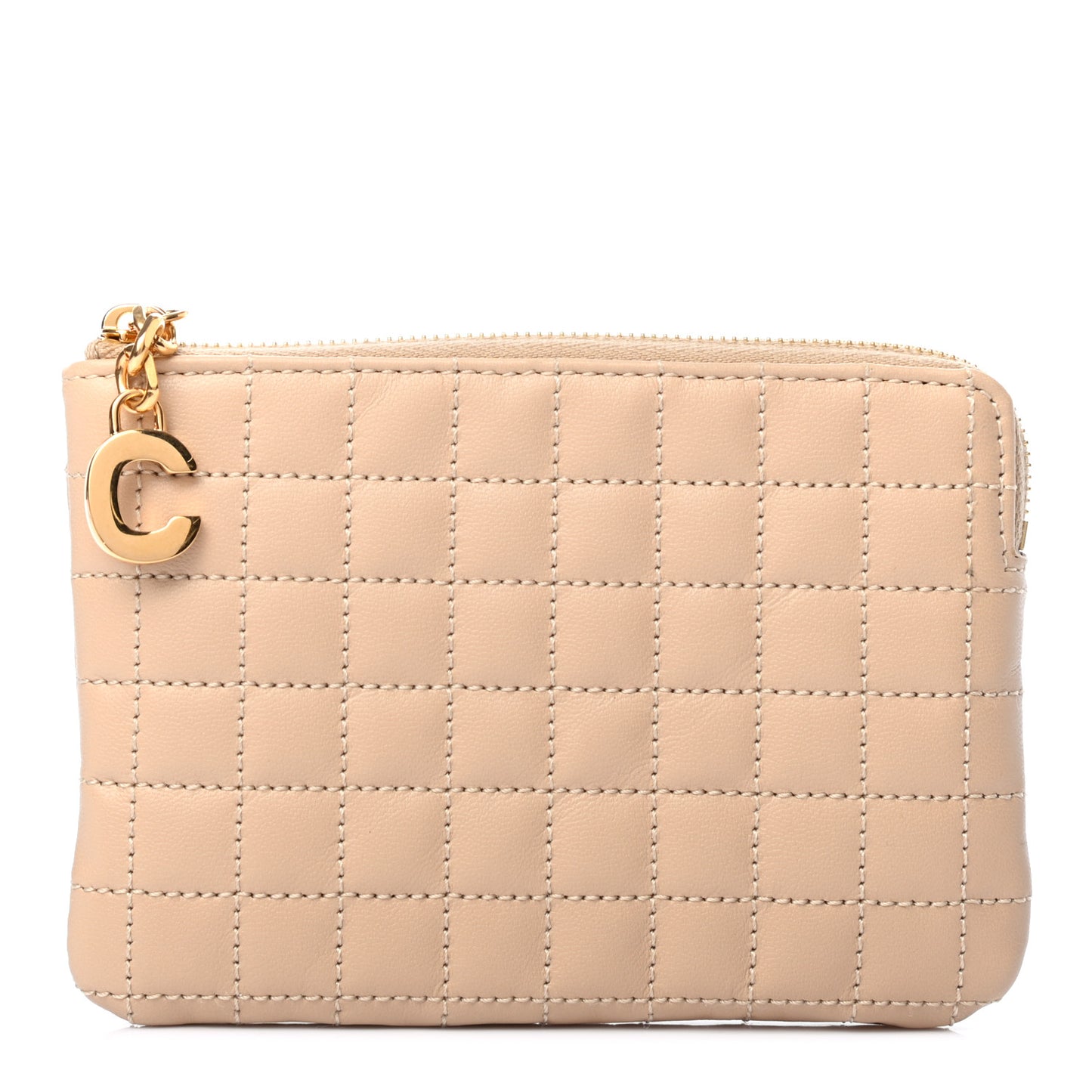 Calfskin Quilted C Charm Coin Card Pouch Nude