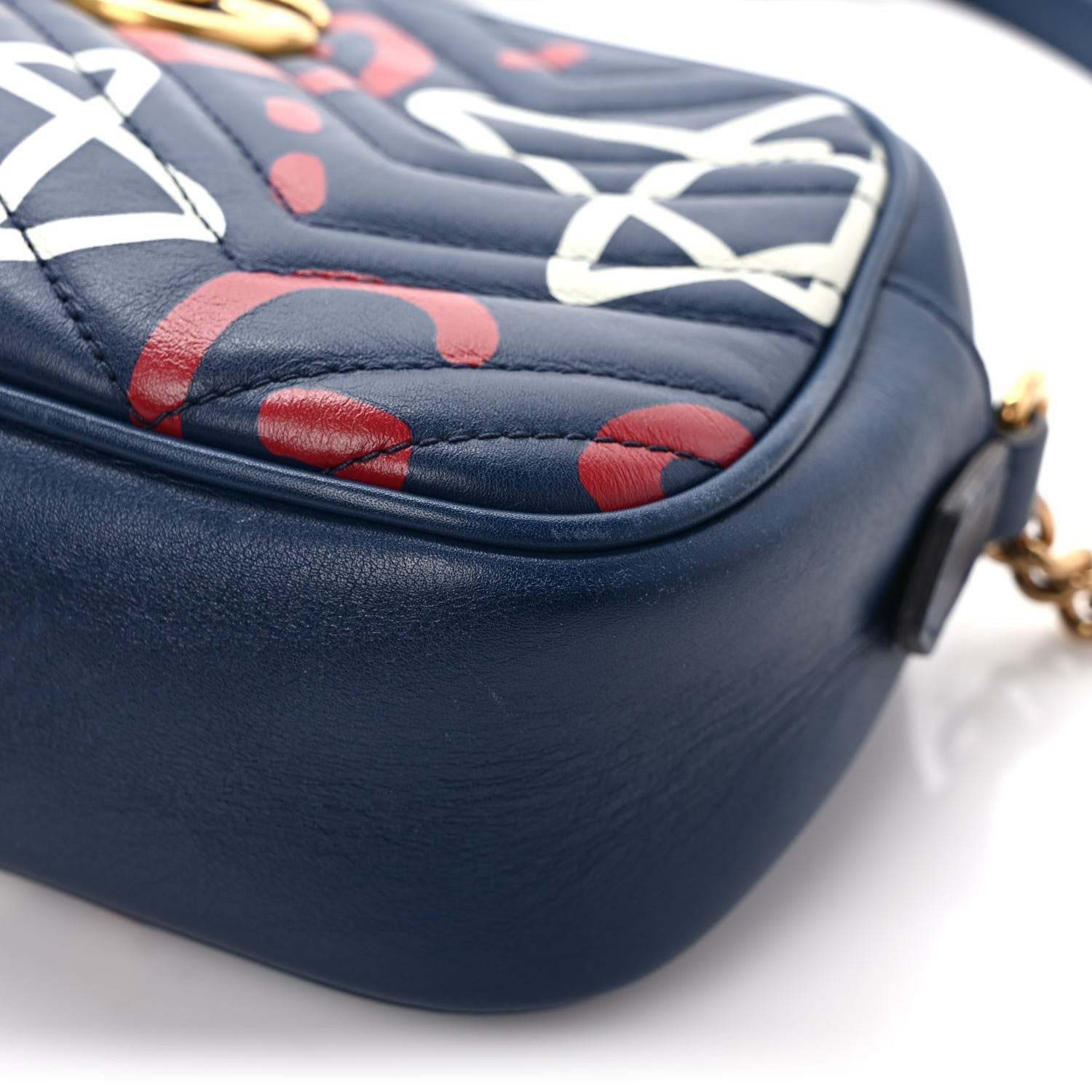 Gucci Calfskin Matelasse GucciGhost Small GG Marmont Chain Shoulder Bag Blue Agata Hibiscus Red 12 of 13