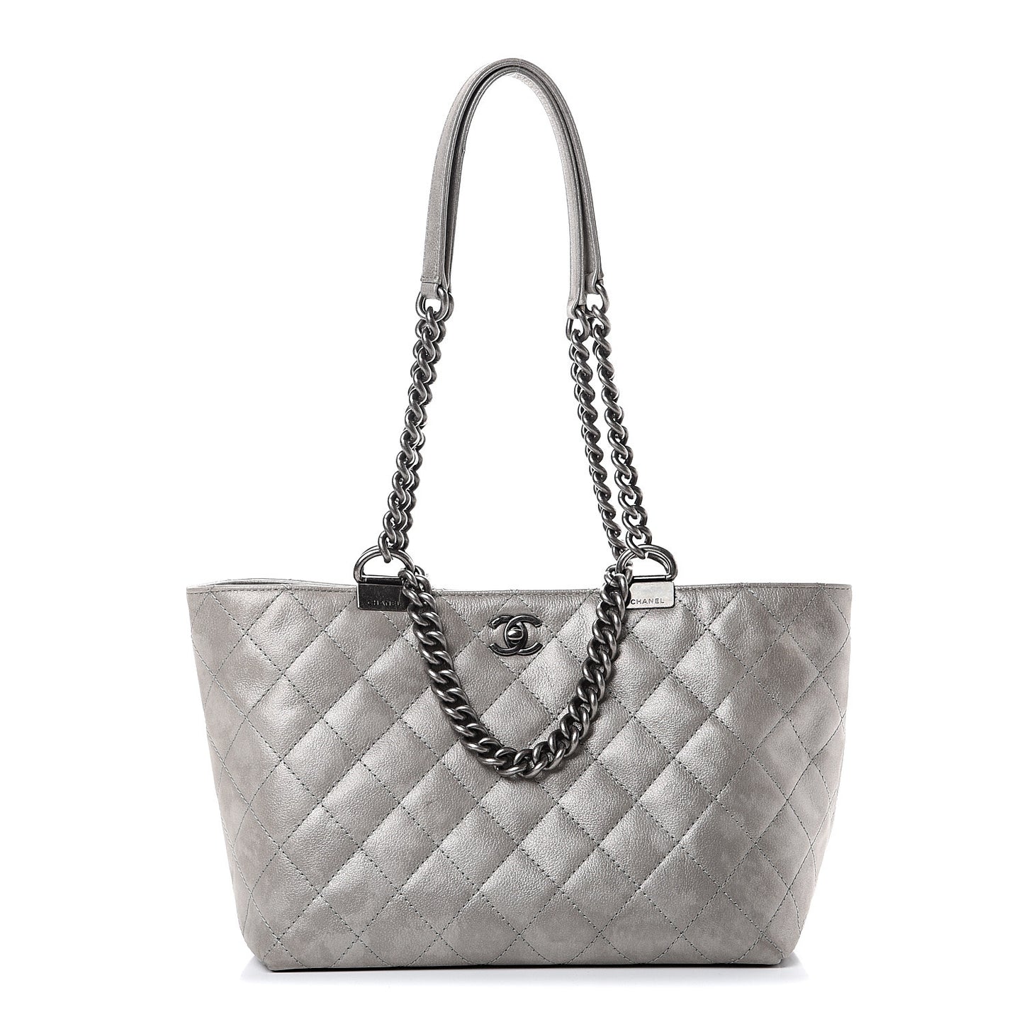 Metallic Calfskin Quilted Small Shopping In Chains Tote Silver