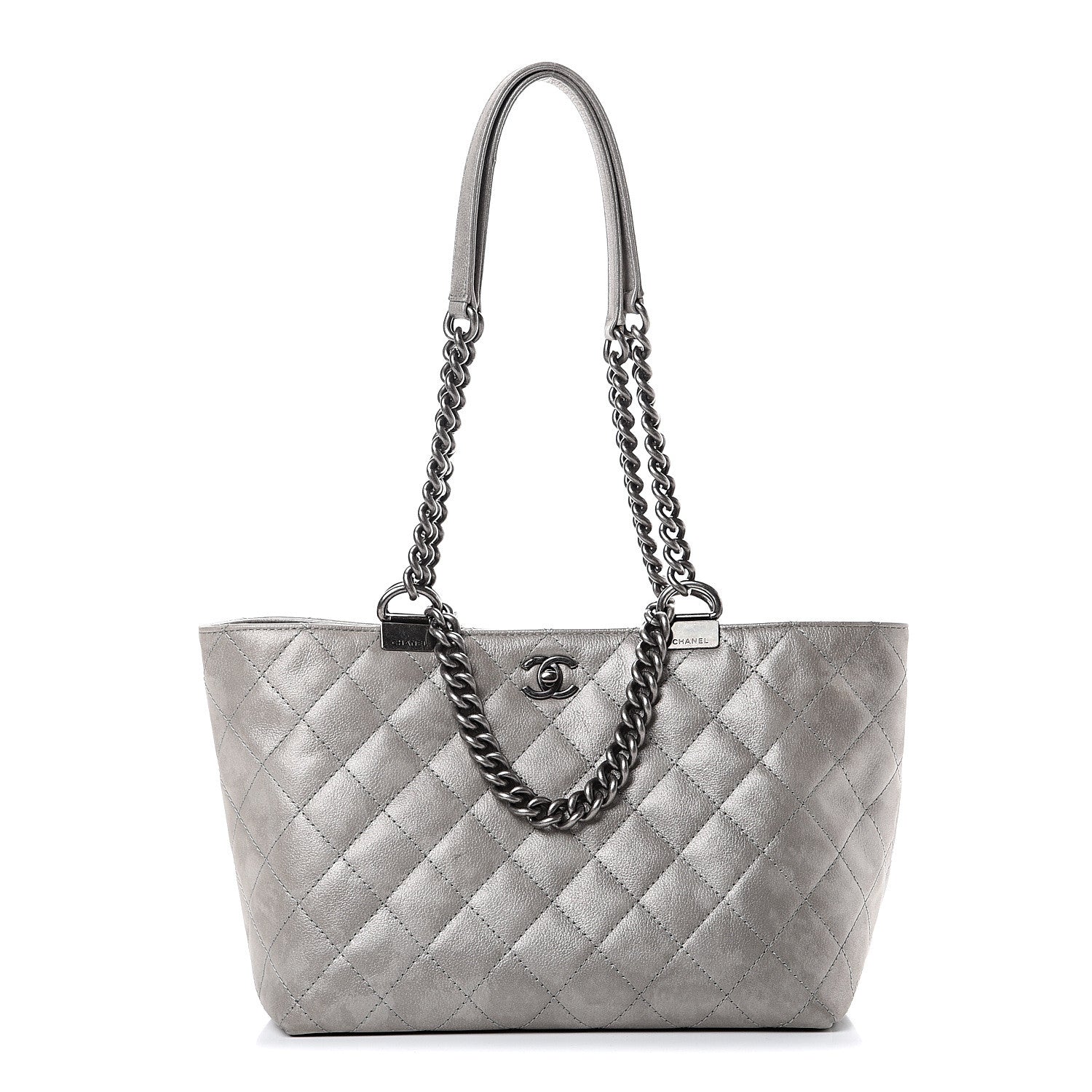 Chanel Metallic Calfskin Quilted Small Shopping In Chains Tote Silver 1 of 9