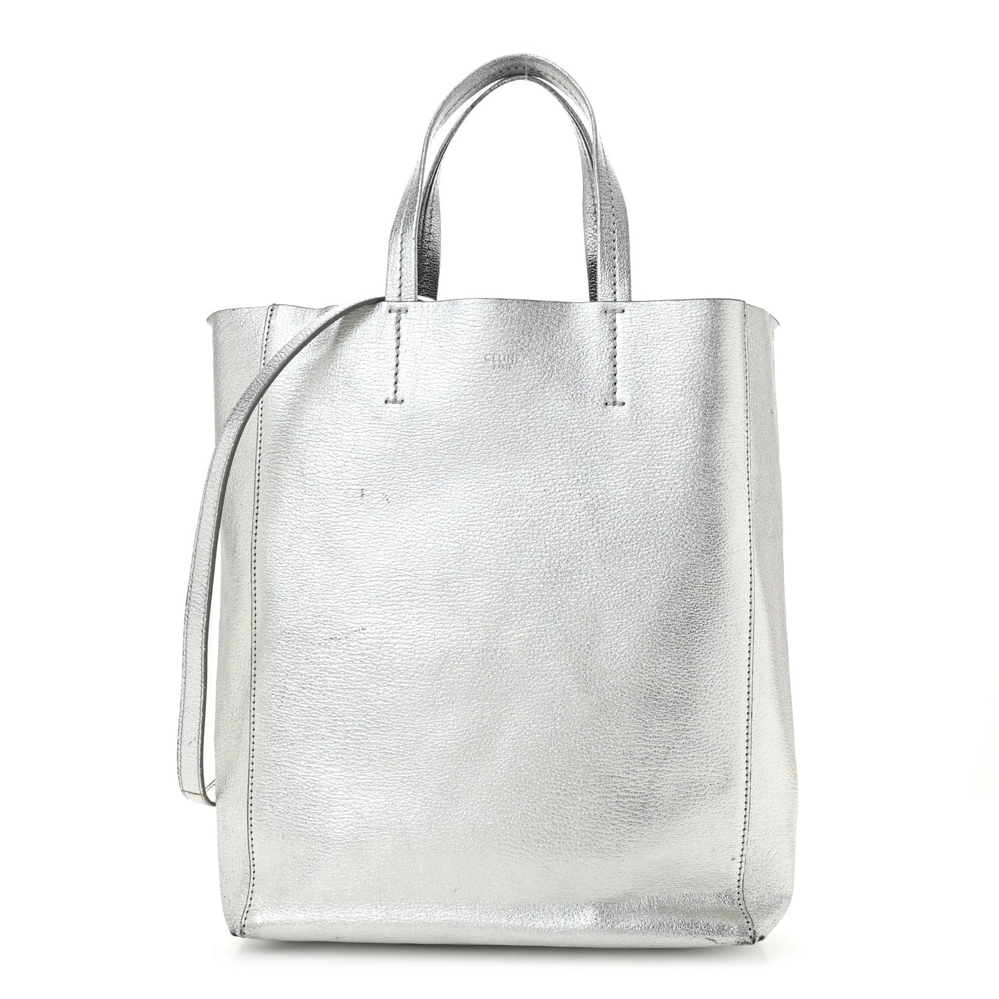 Metallic Grained Calfskin Small Vertical Cabas Silver