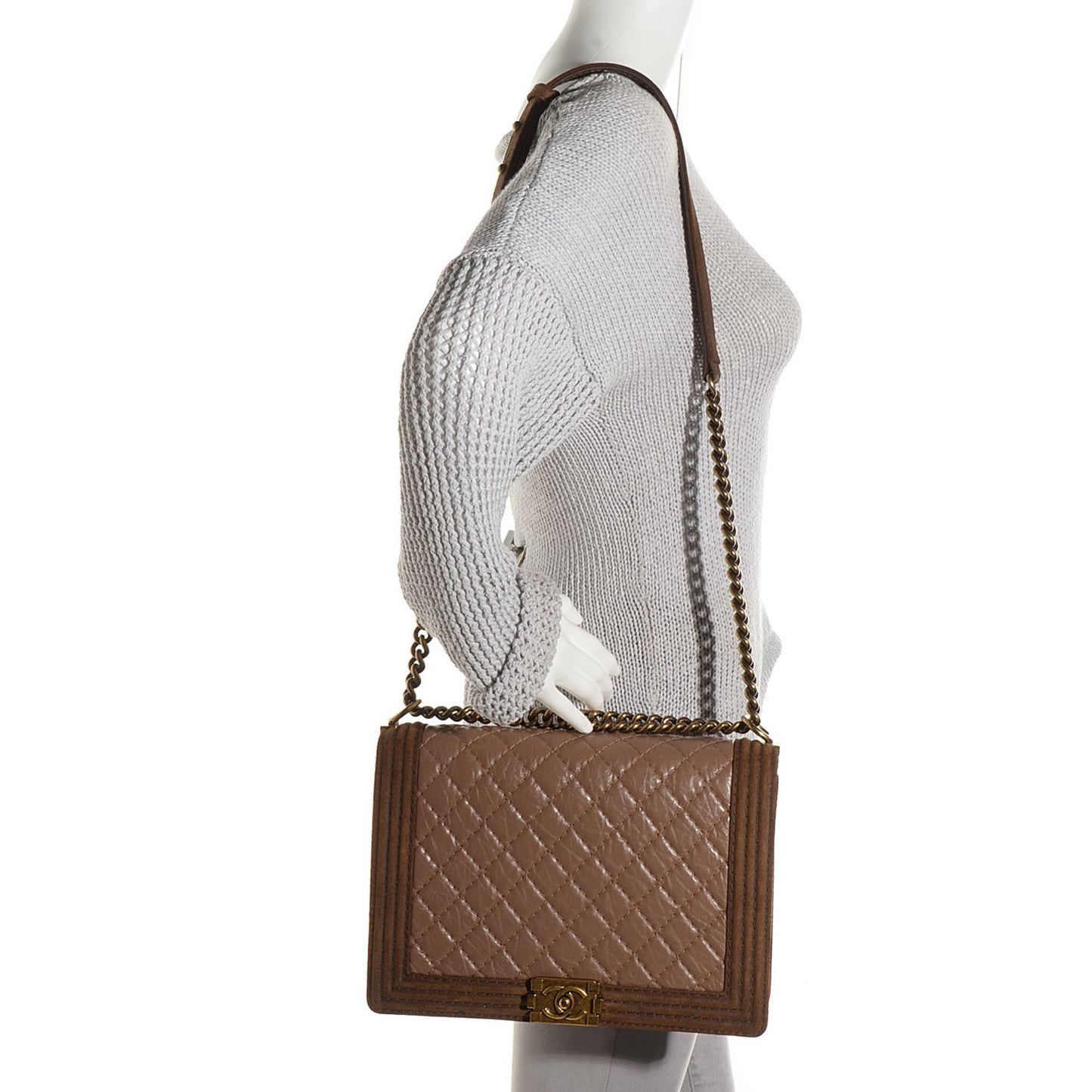 Aged Calfskin Quilted Large Boy Flap Light Brown