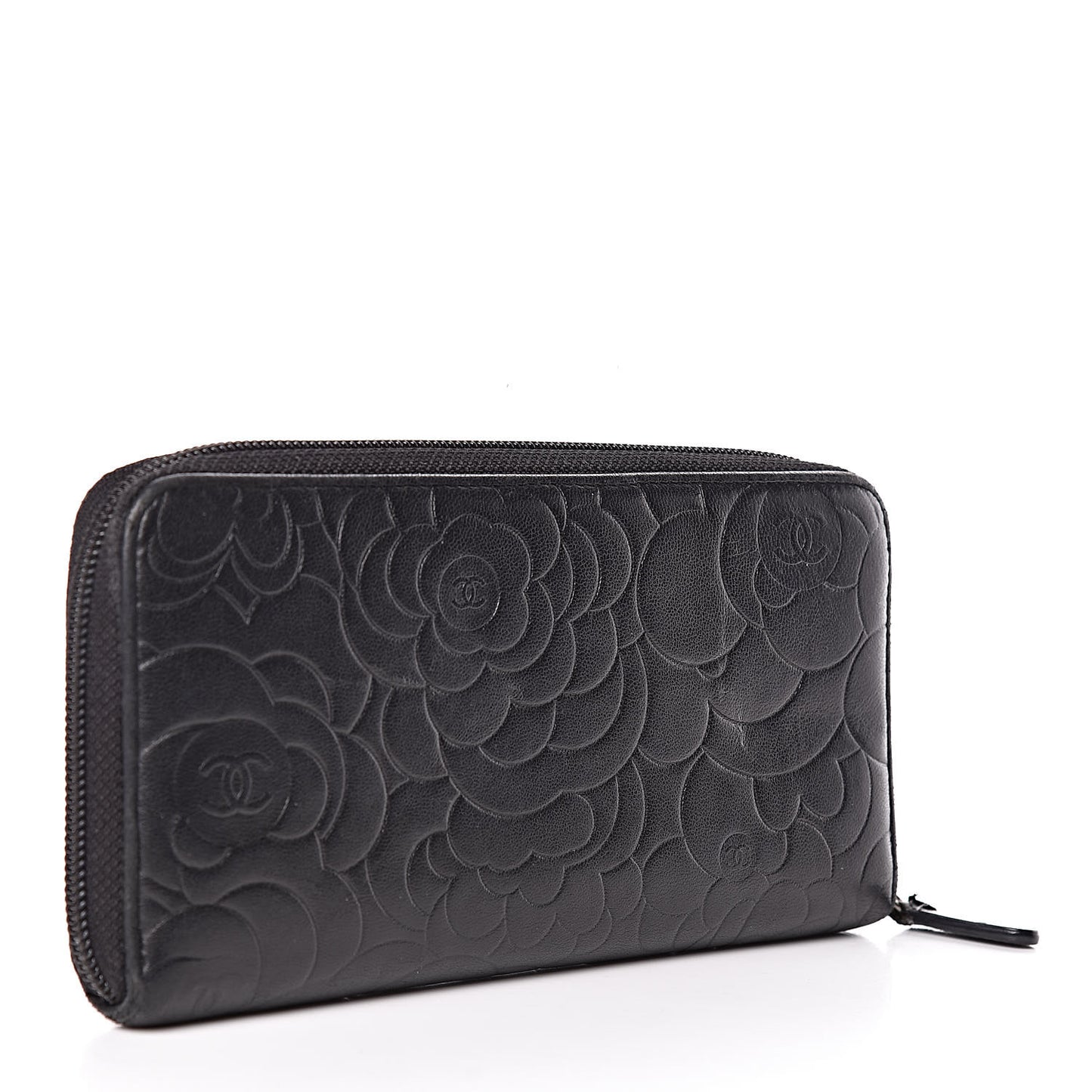 Lambskin Camellia Embossed Large Zip Around Gusset Wallet Black