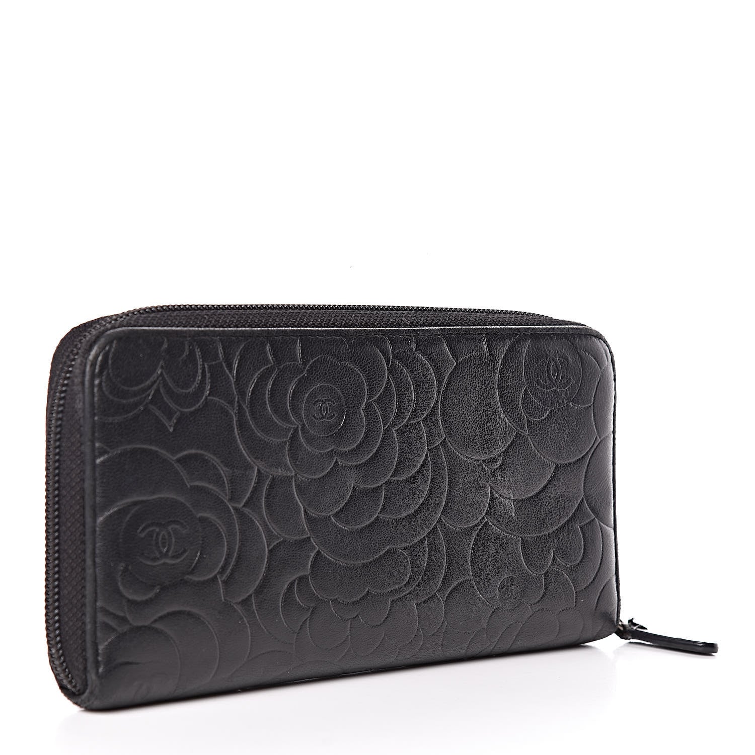 Chanel Lambskin Camellia Embossed Large Zip Around Gusset Wallet Black 3 of 14