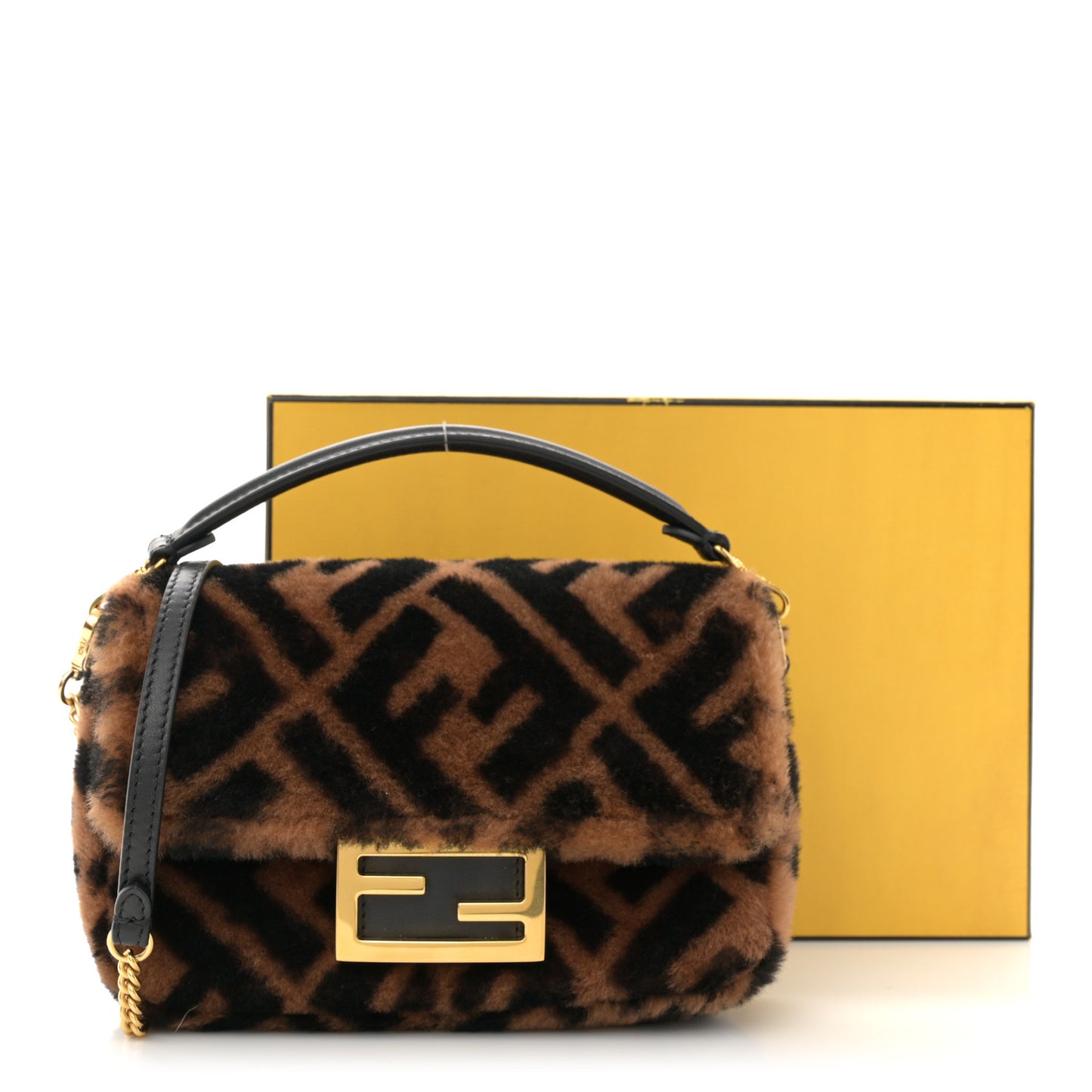 Shearling Vitello Dolce Macro FF 1974 Mini Baguette Tobacco Black
