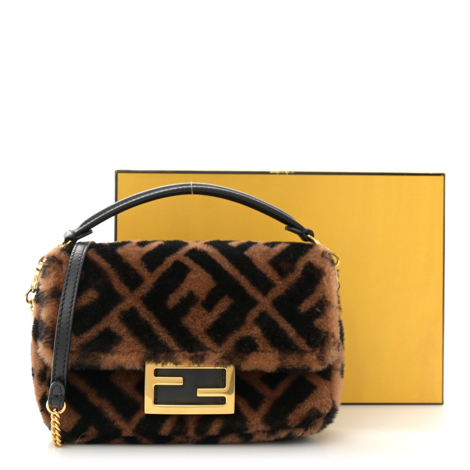 Fendi Shearling Vitello Dolce Macro FF 1974 Mini Baguette Tobacco Black 11 of 11