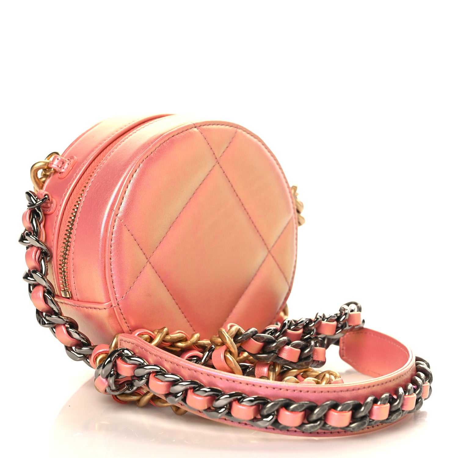 Chanel Iridescent Calfskin Quilted Chanel 19 Round Clutch With Chain Pink 2 of 6