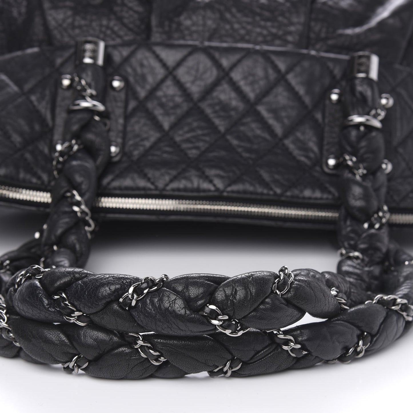 Distressed Lambskin Large Lady Braid Satchel Black