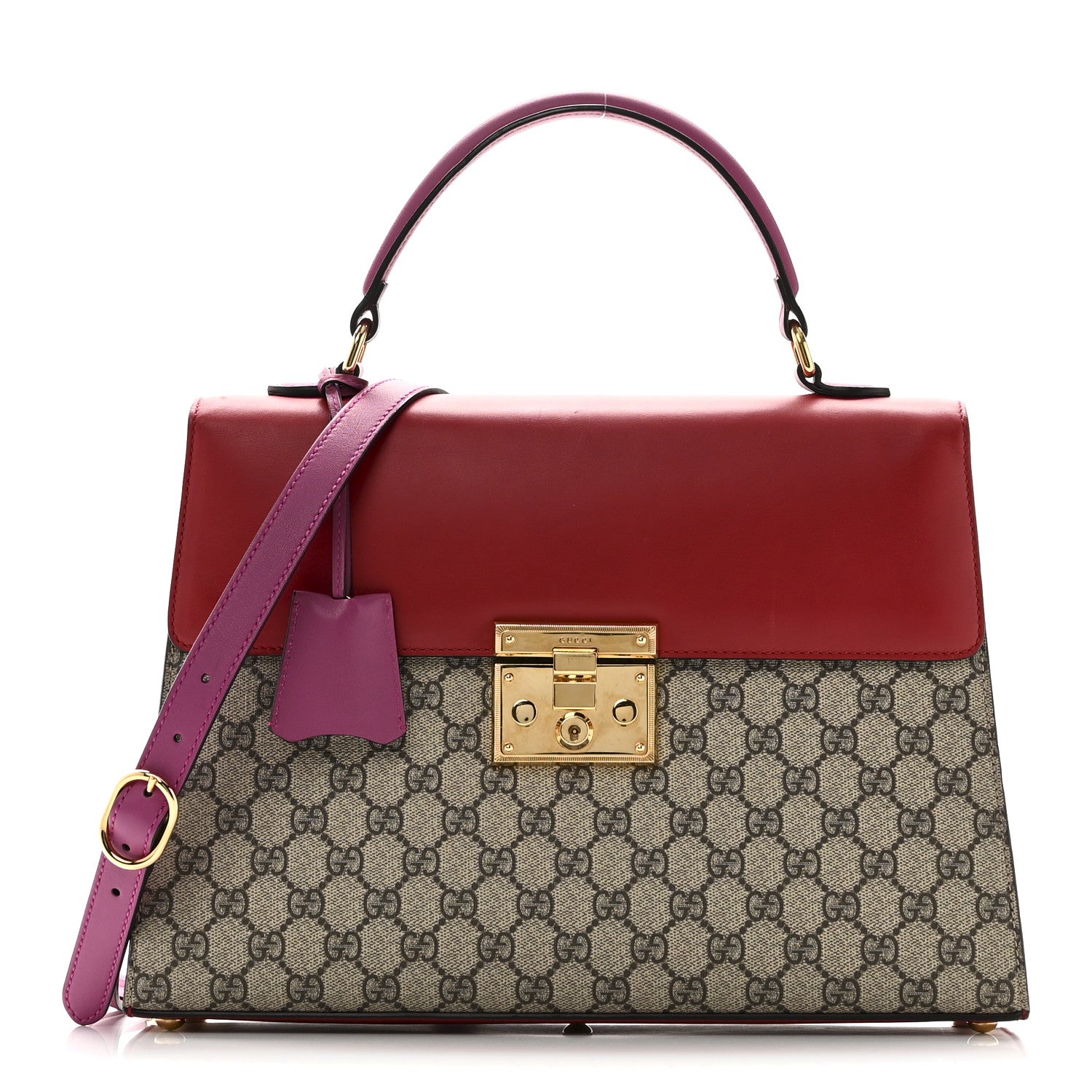 Gucci GG Supreme Monogram Calfskin Medium Padlock Top Handle Bag Beige Hibiscus Red New Rosette 1 of 10