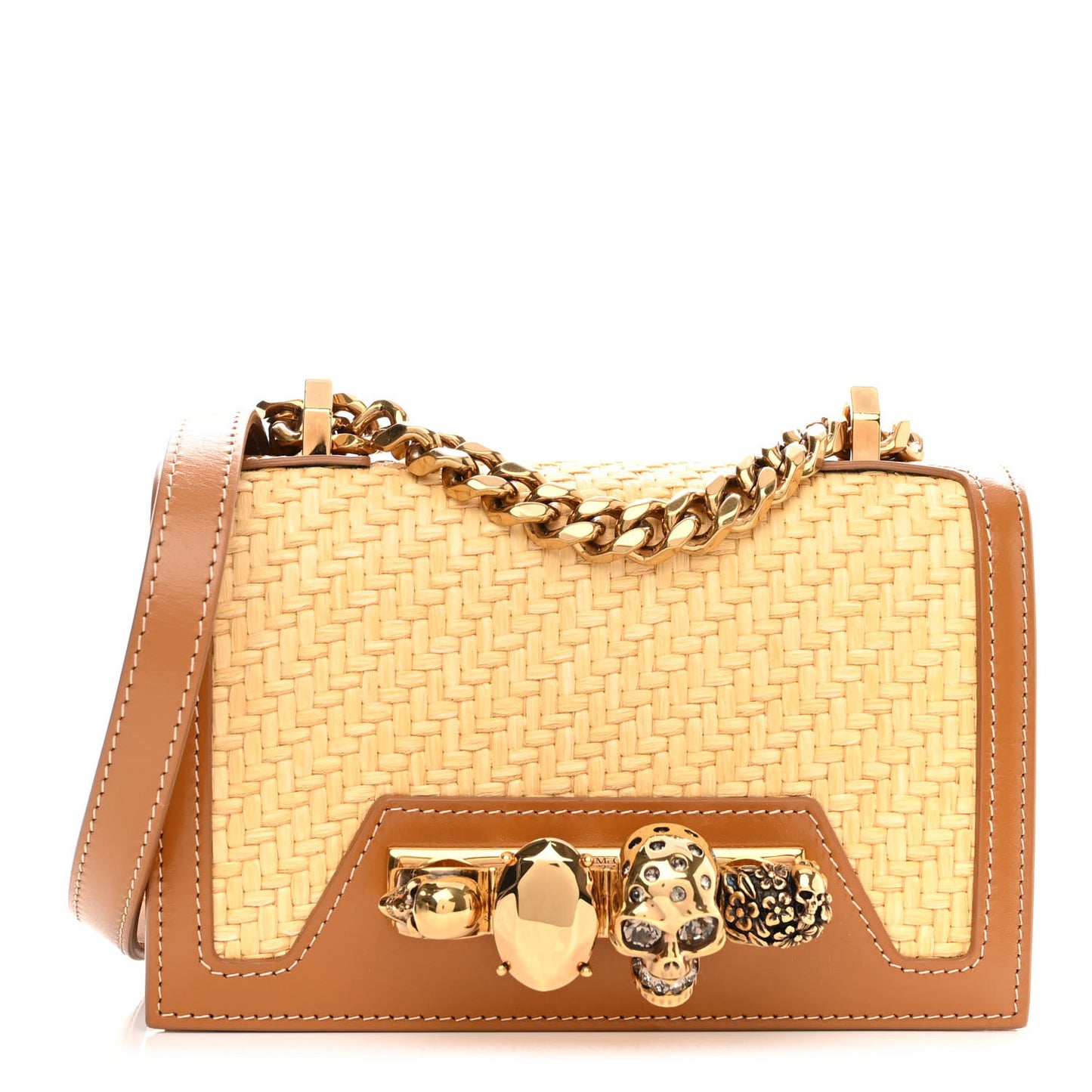 Raffia Calfskin Jeweled Knuckle Satchel Natural Tan
