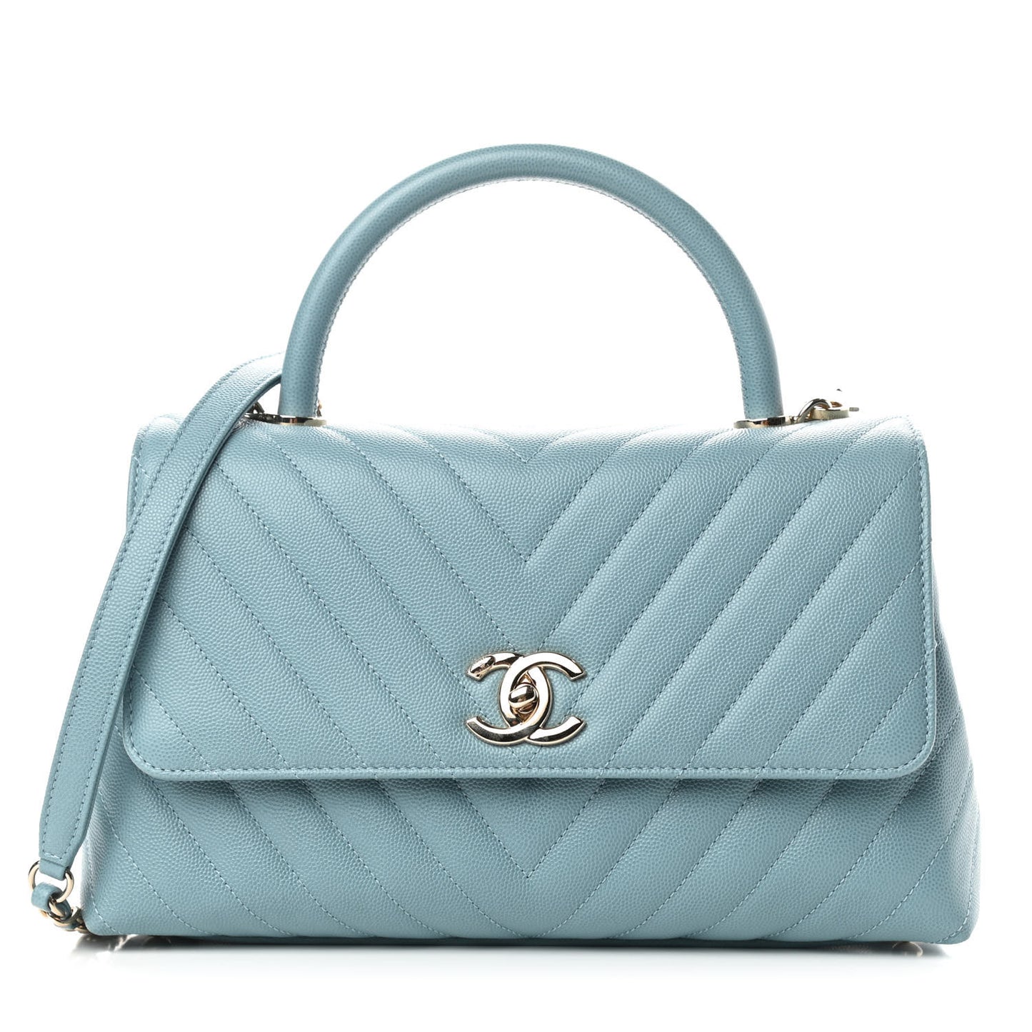 Caviar Chevron Quilted Small Coco Handle Flap Blue