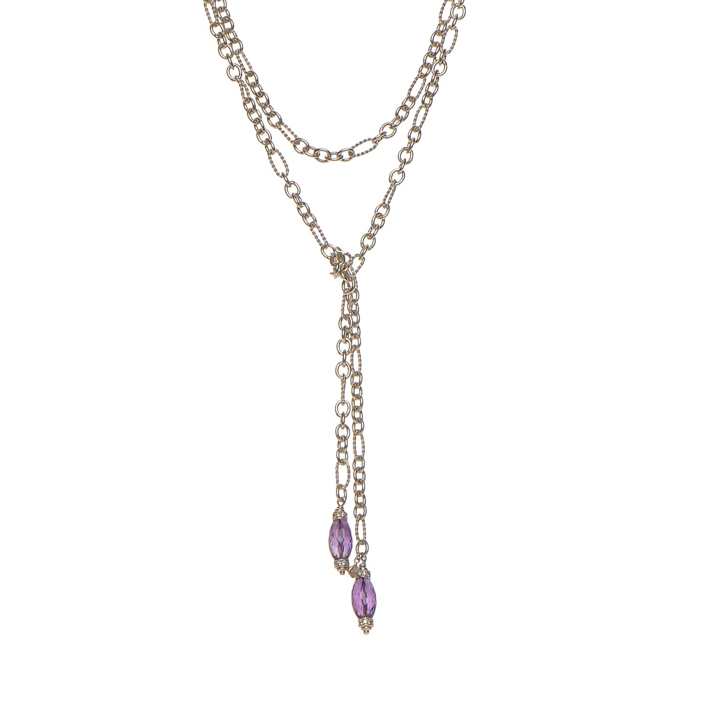 Sterling Silver Diamond Amethyst Figaro Lariat Necklace