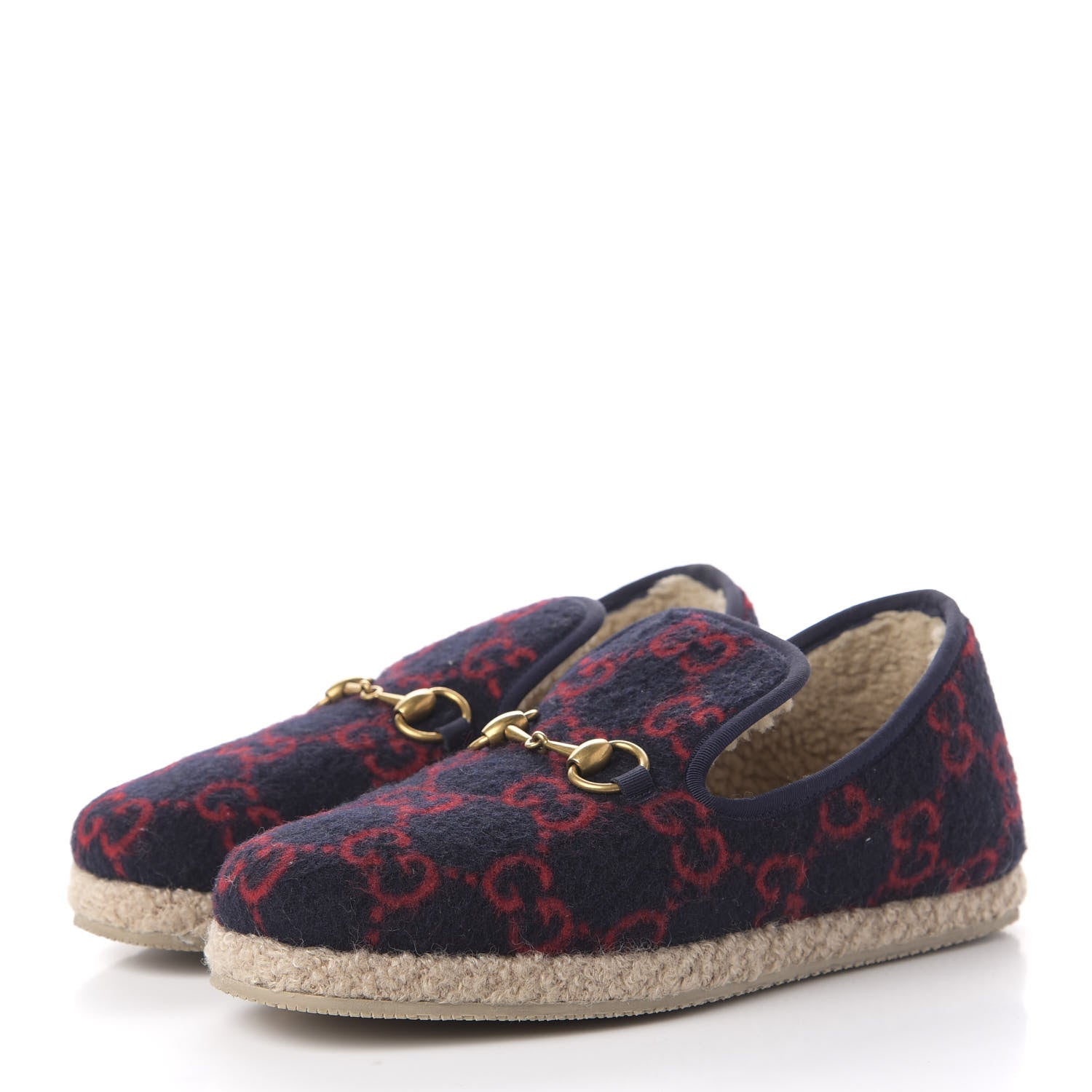 Gucci Covered Wool GG Monogram Womens Fria Horsebit Loafers 38 Blue Red Butterscotch 3 of 9
