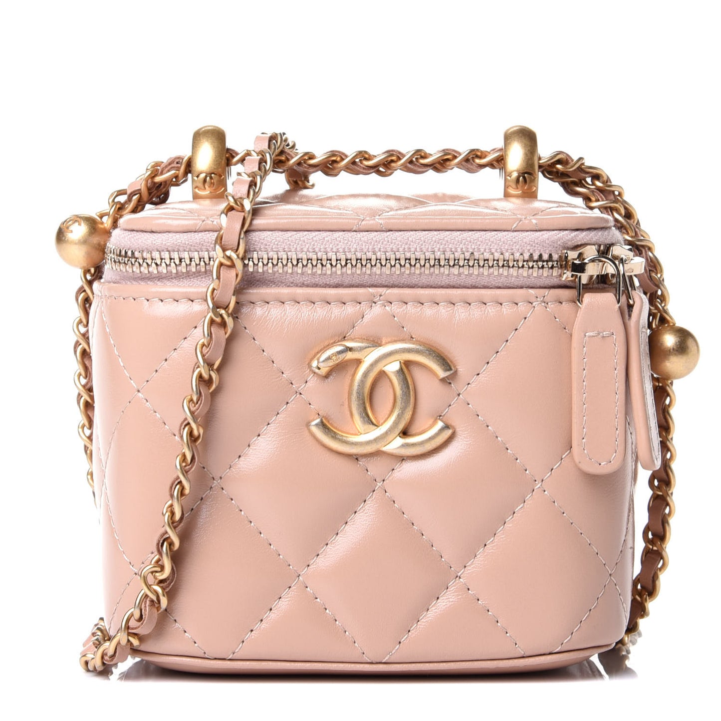 Calfskin Quilted Mini Perfect Fit Vanity Case With Chain Beige