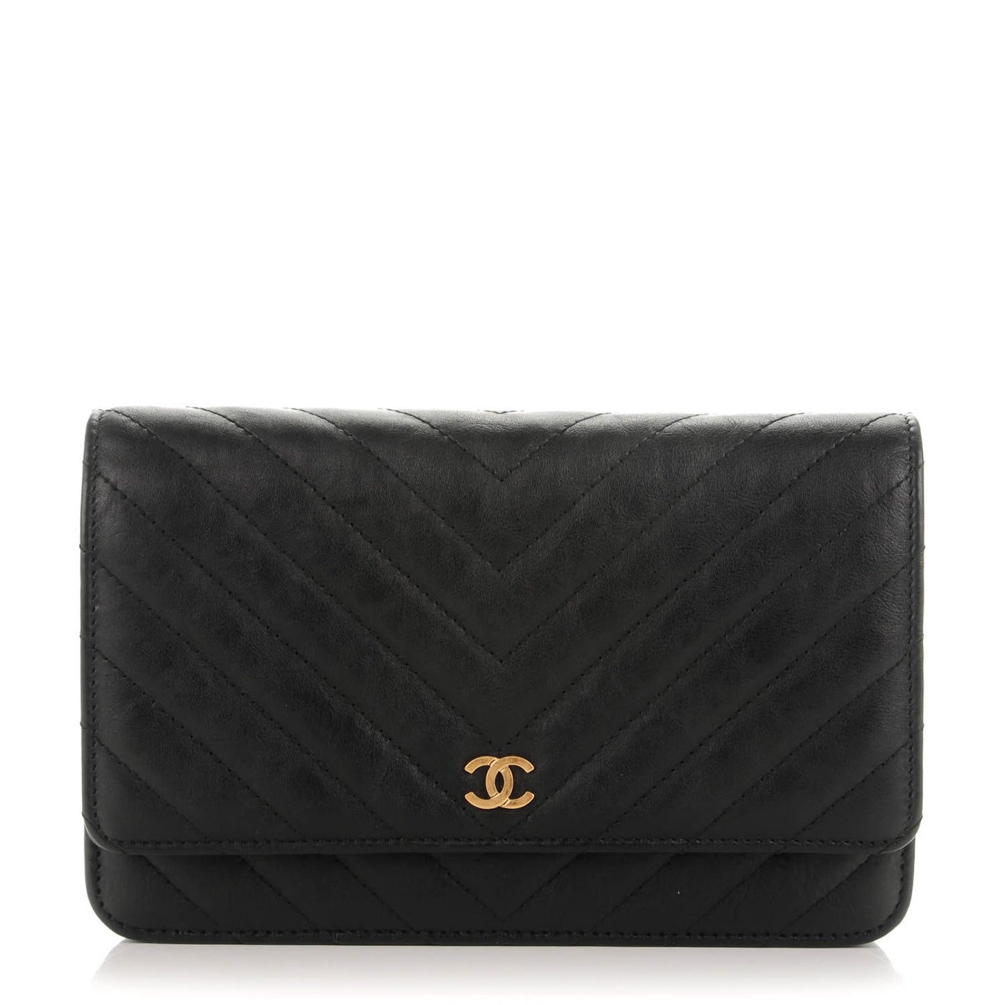 Calfskin Chevron Wallet On Chain WOC Black